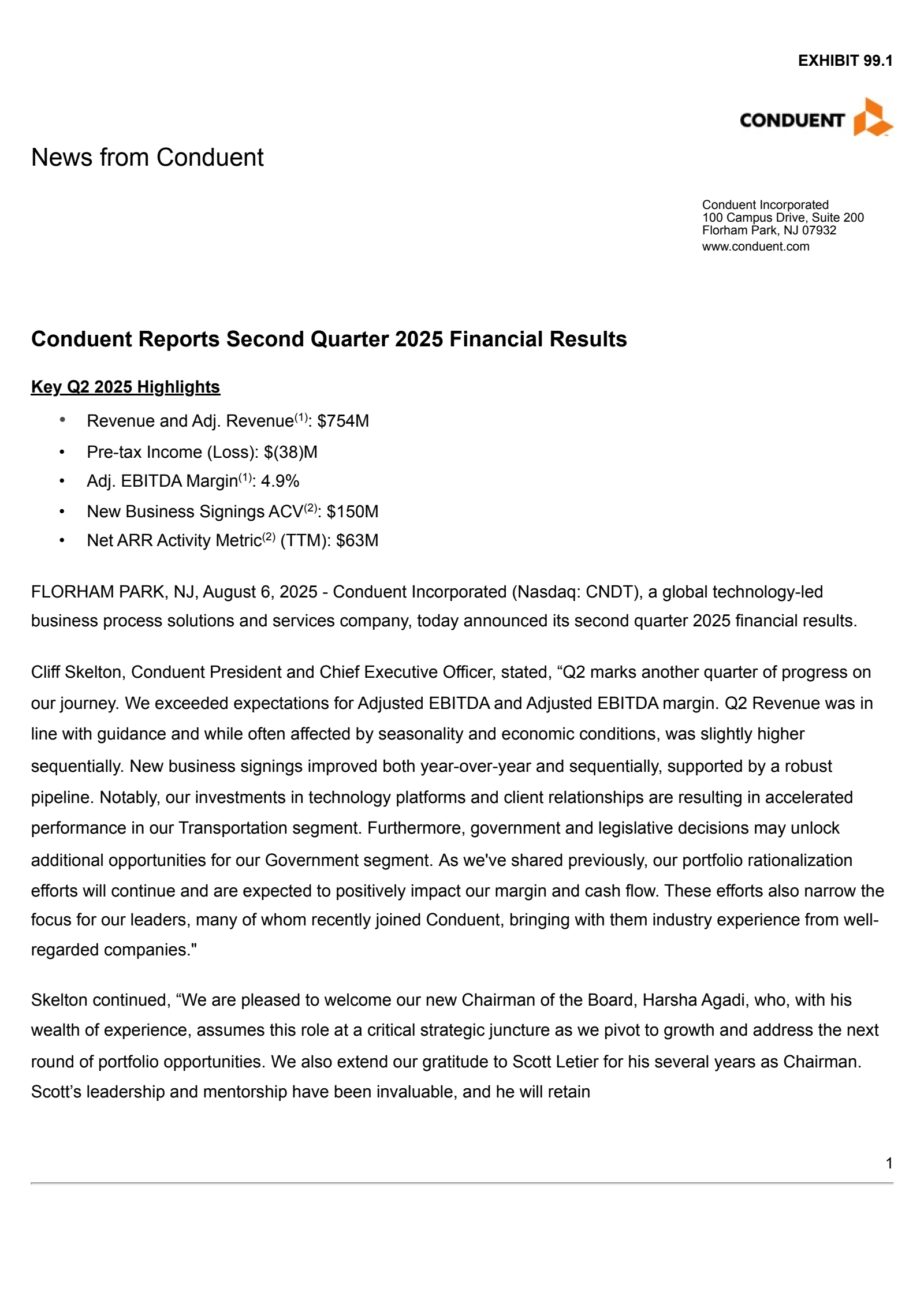 Conduent's Q2 2025 Press Release