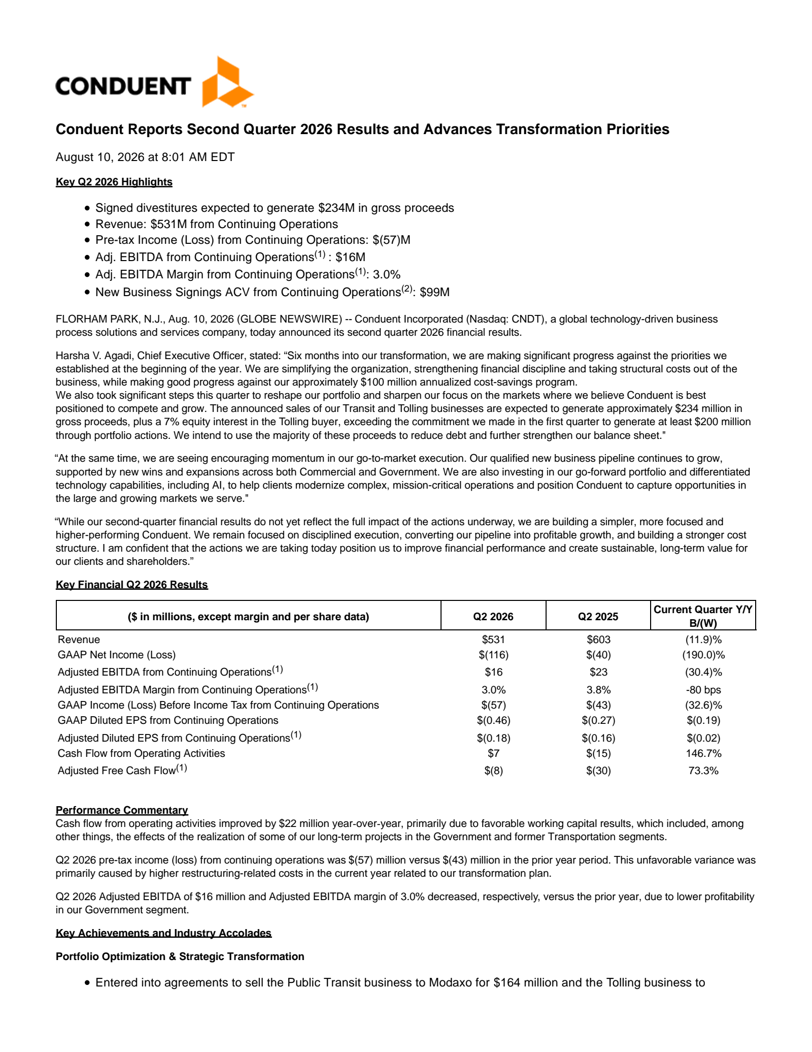 Conduent's Q2 2026 Press Release