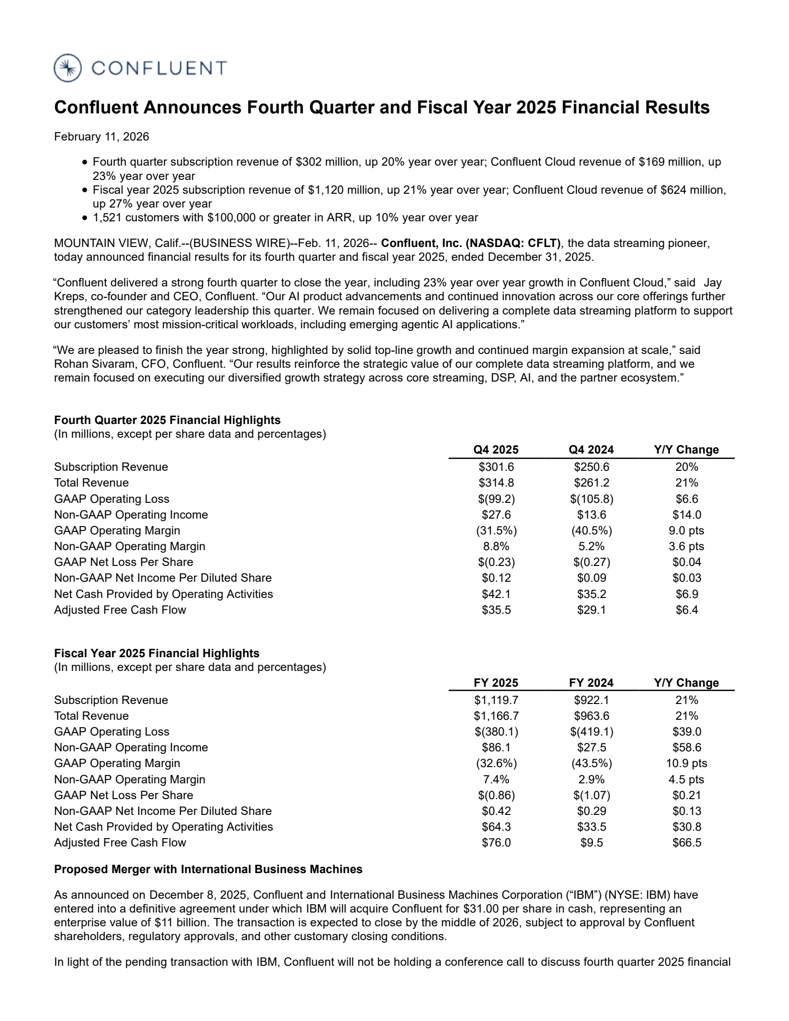 Confluent's Q4 2025 Press Release