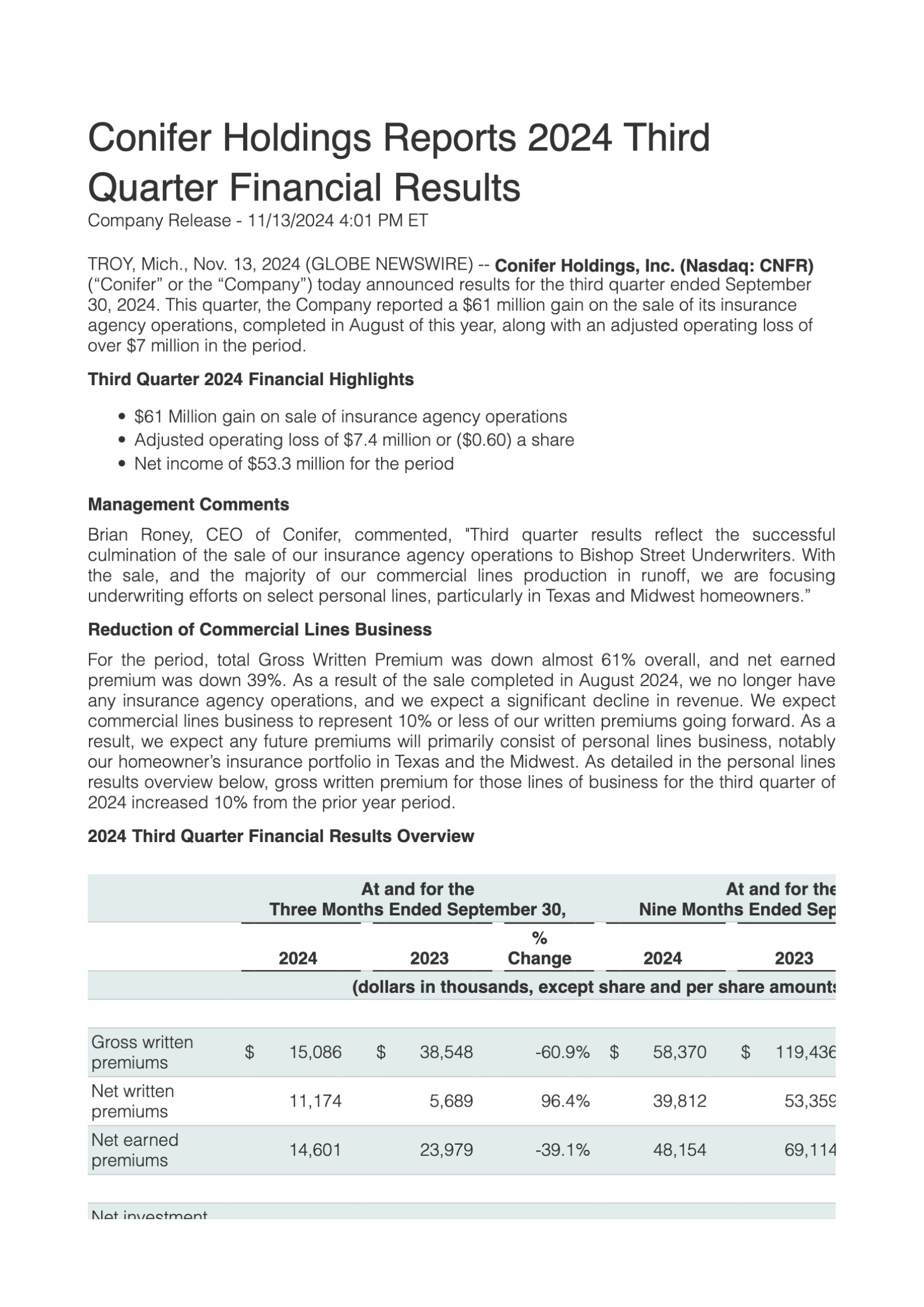 Conifer's Q3 2024 Press Release
