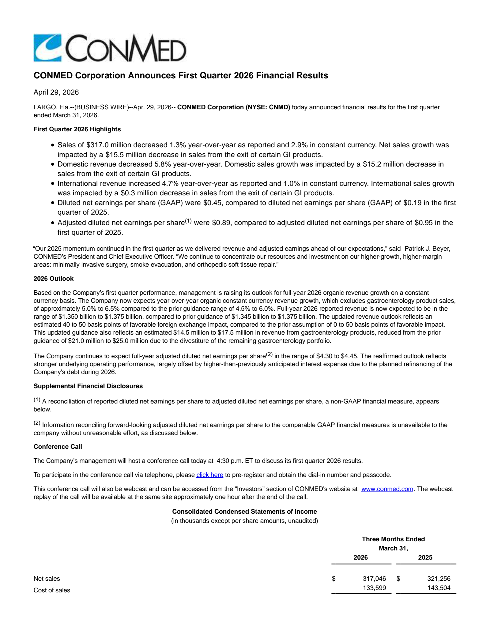 CONMED's Q1 2026 Press Release