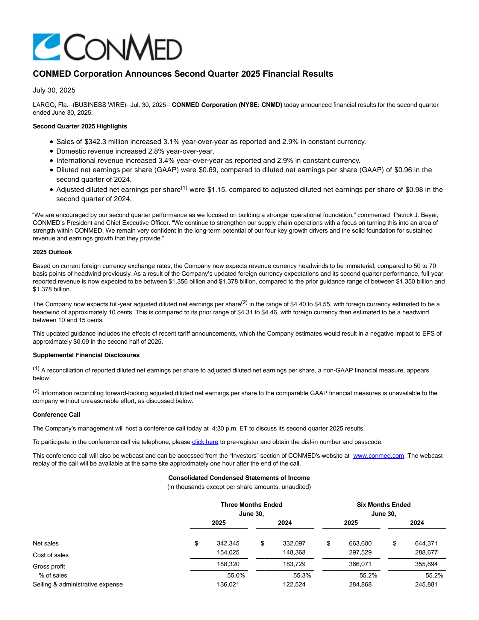 CONMED's Q2 2025 Press Release