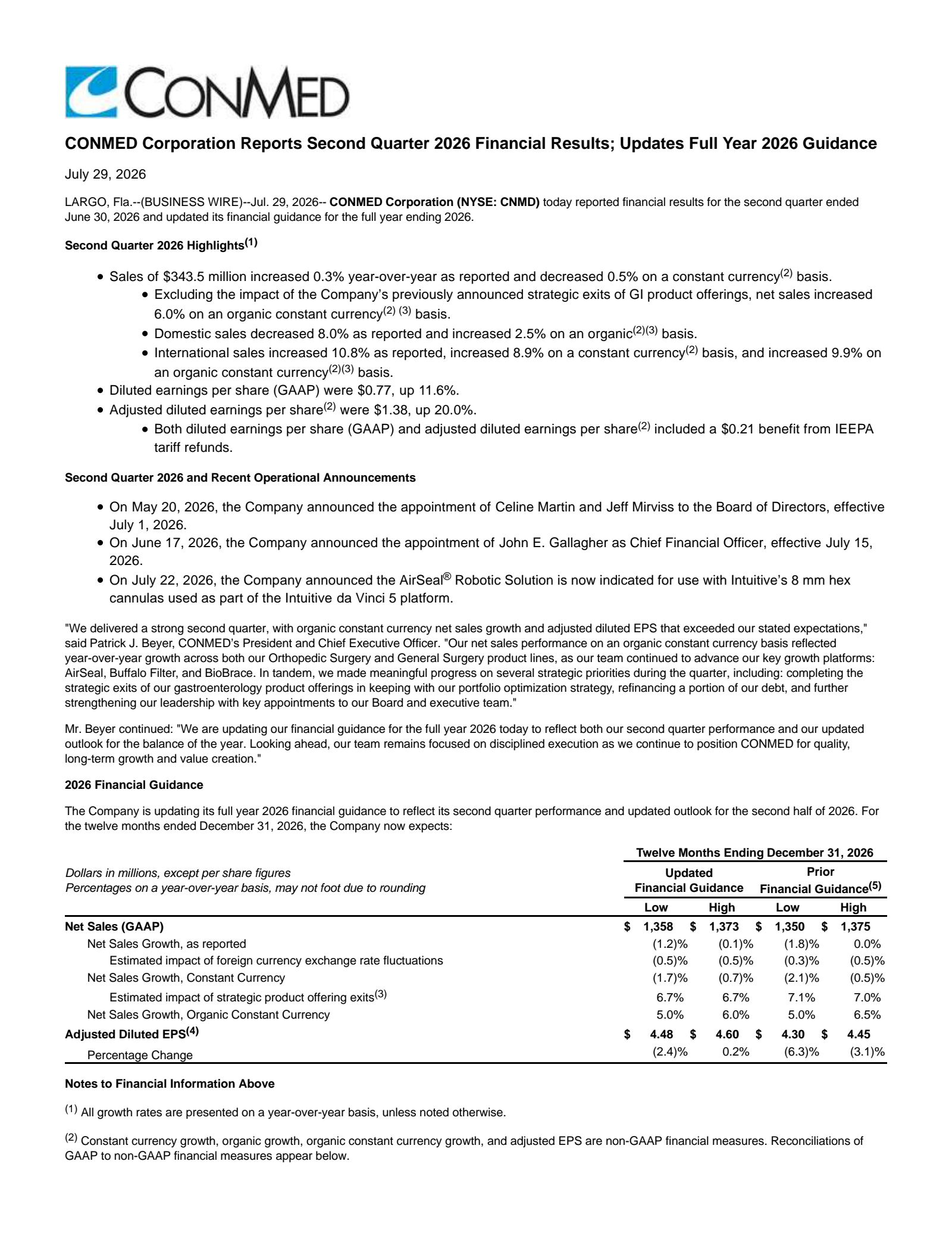 CONMED's Q2 2026 Press Release