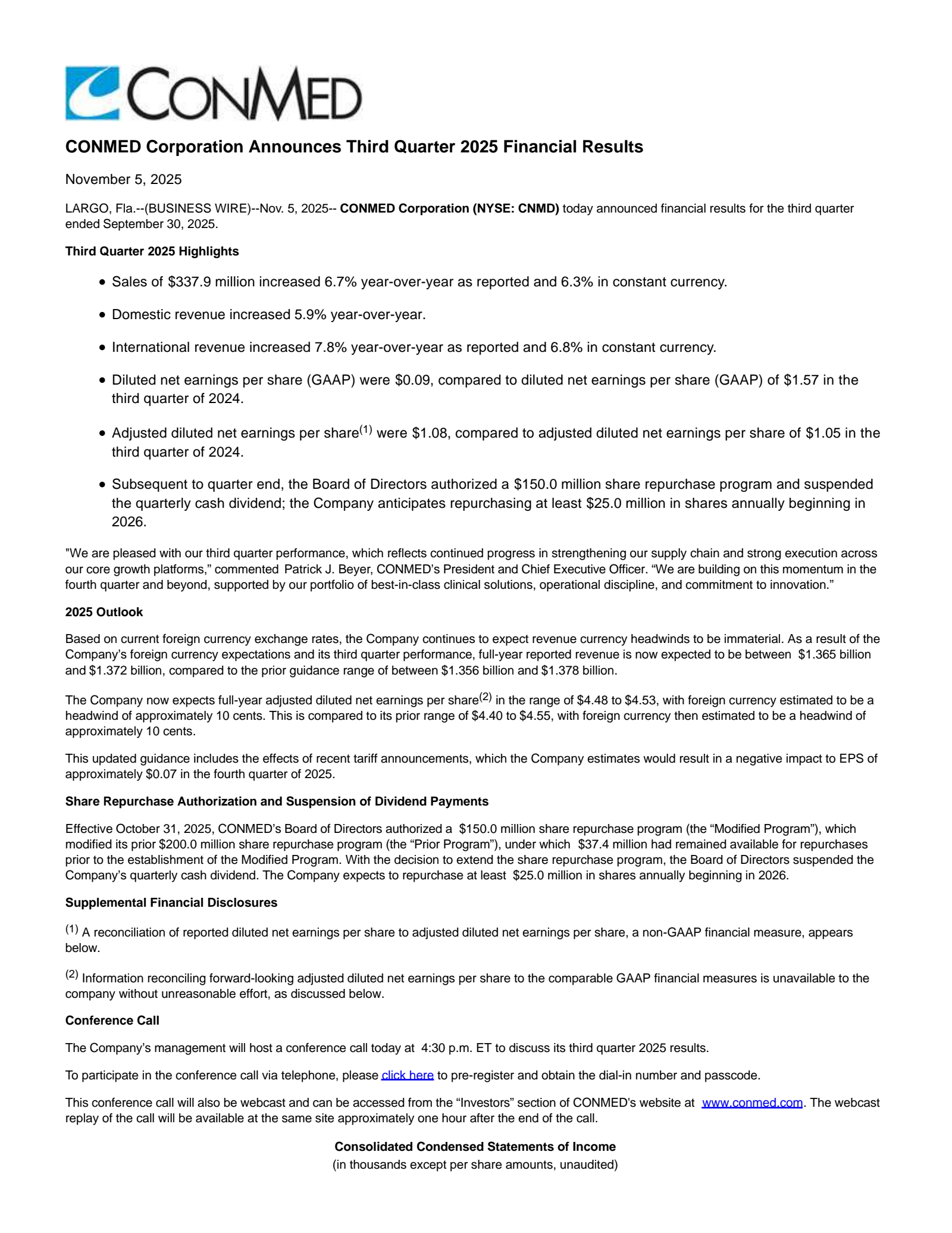 CONMED's Q3 2025 Earnings Release