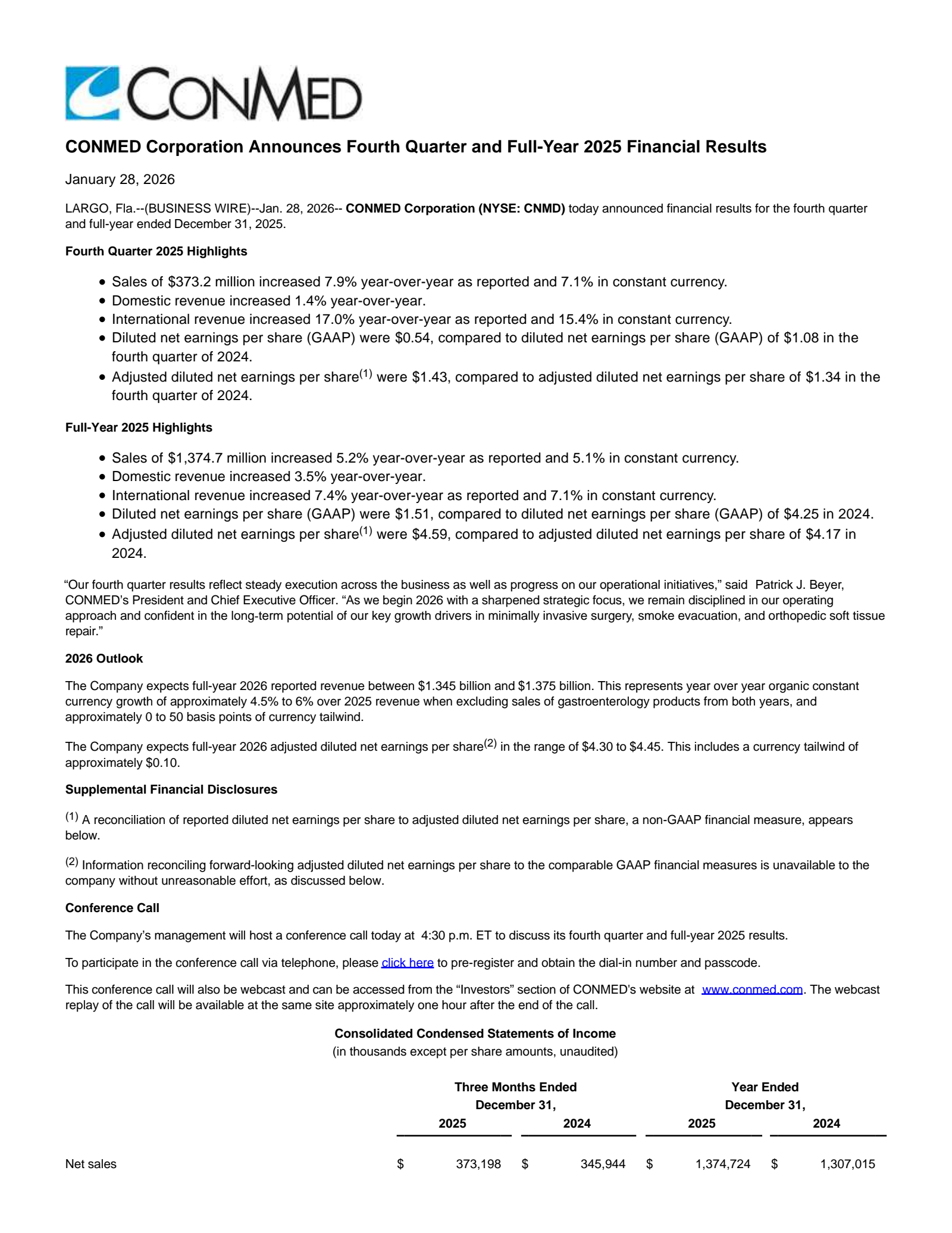 CONMED's Q4 2025 Press Release