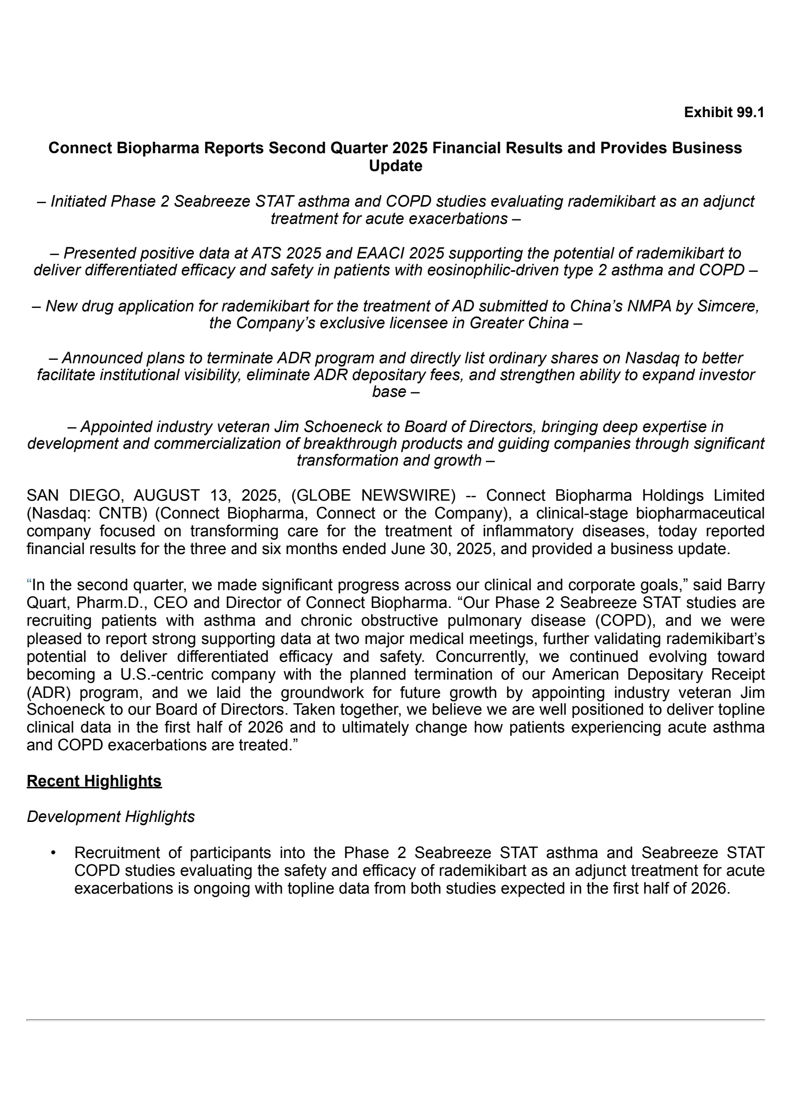 Connect Biopharma's H1 2025 Press Release