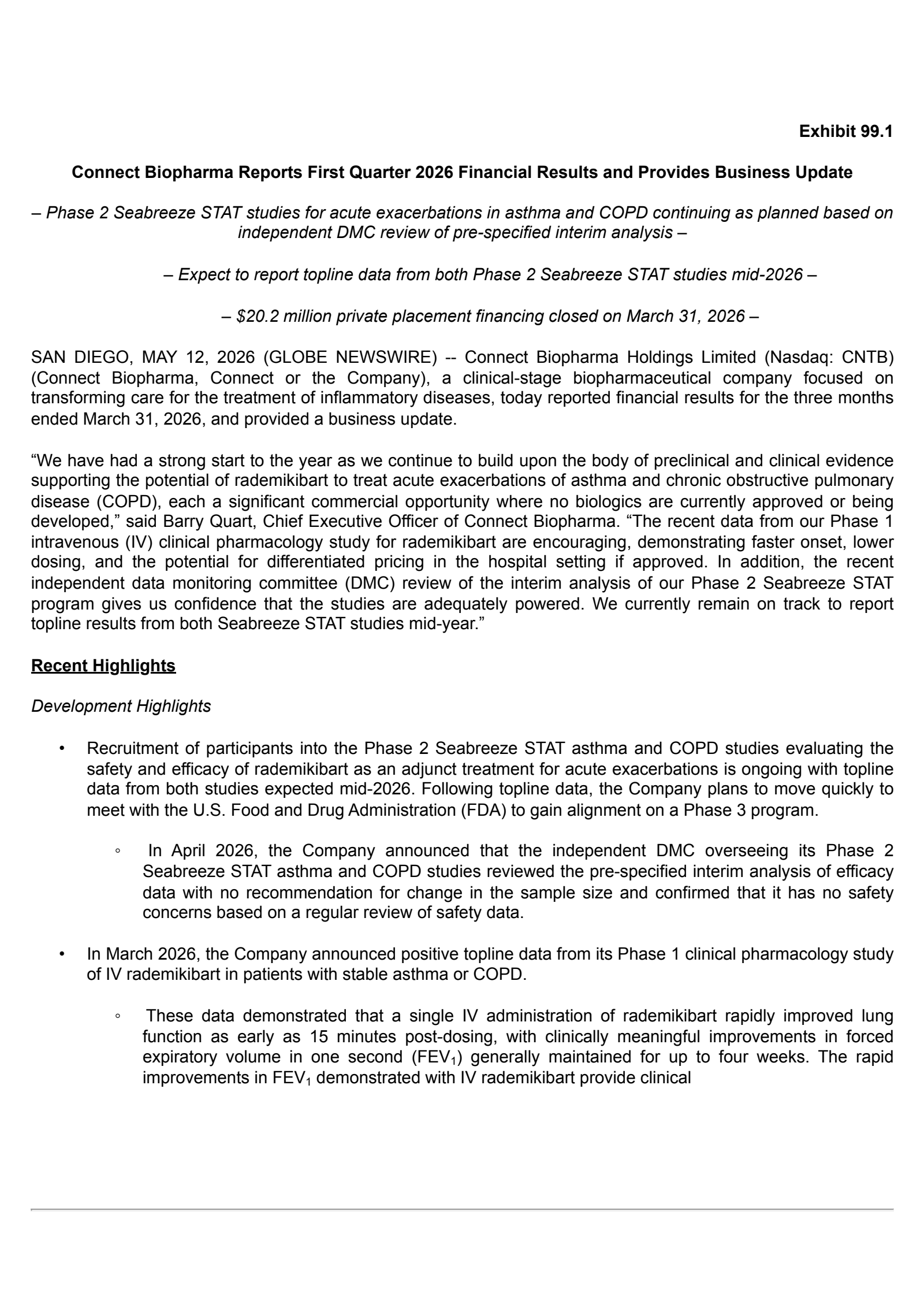 Connect Biopharma's Q1 2026 Press Release