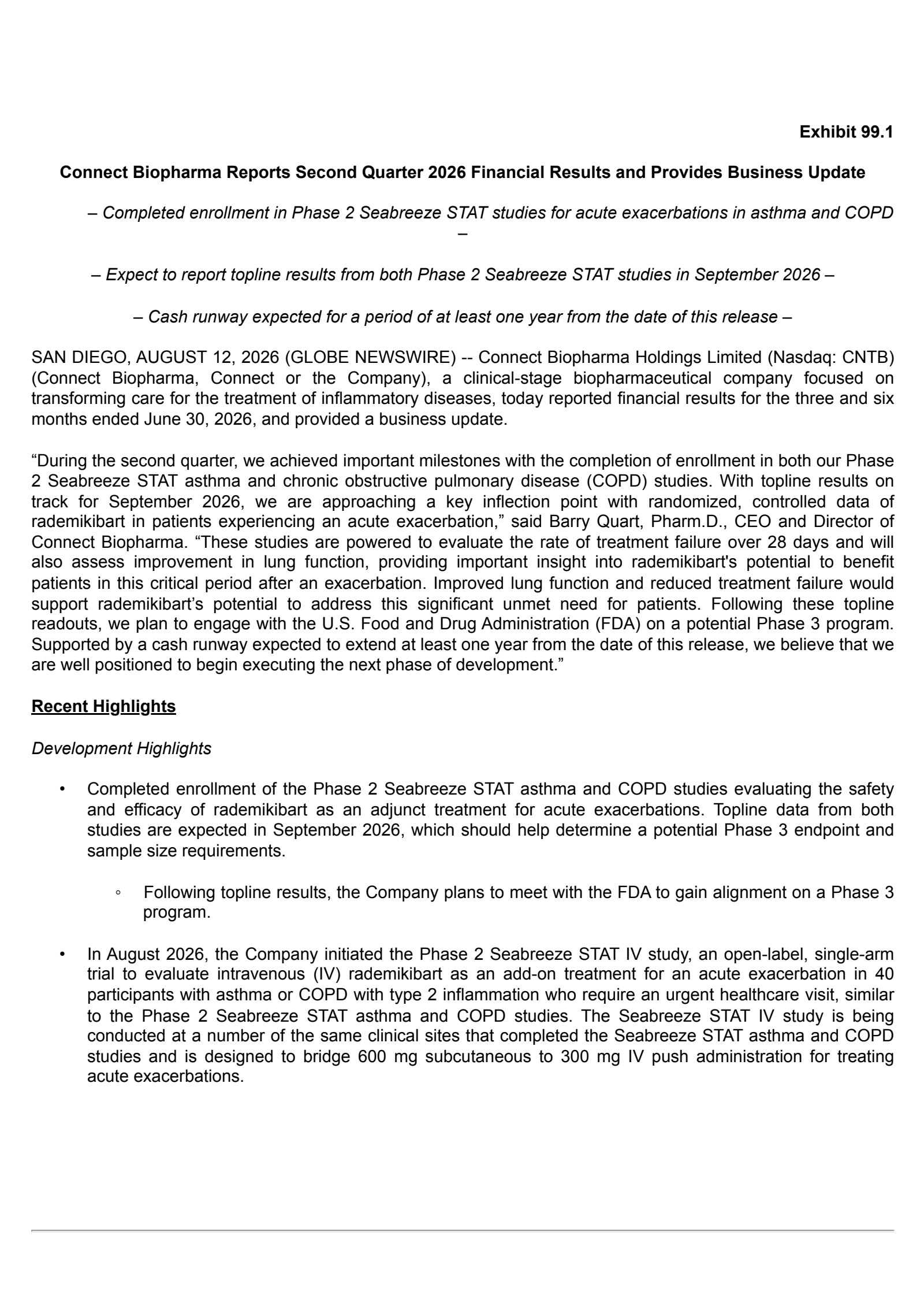Connect Biopharma's Q2 2026 Press Release