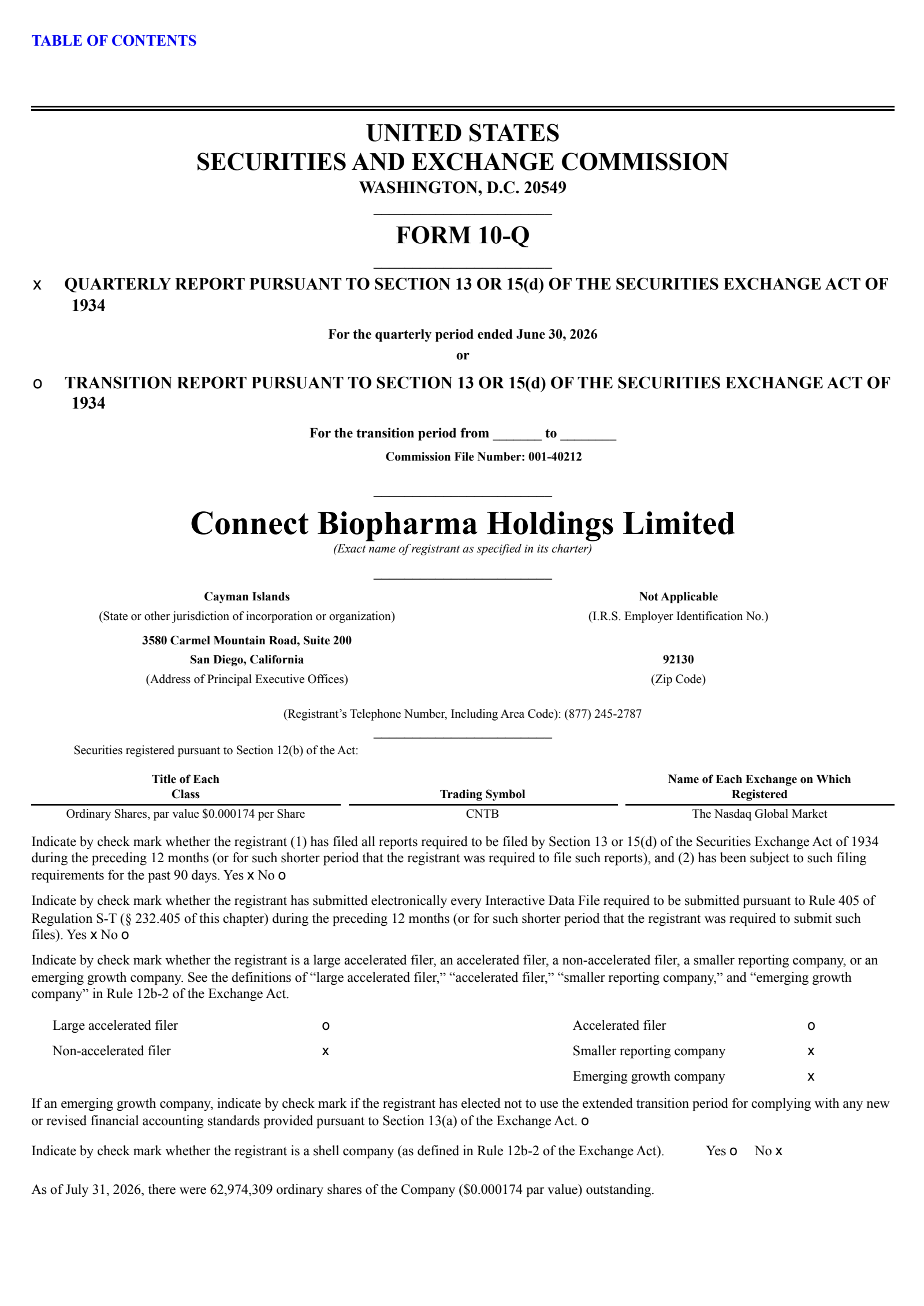 Connect Biopharma's Q2 2026 Quarterly report