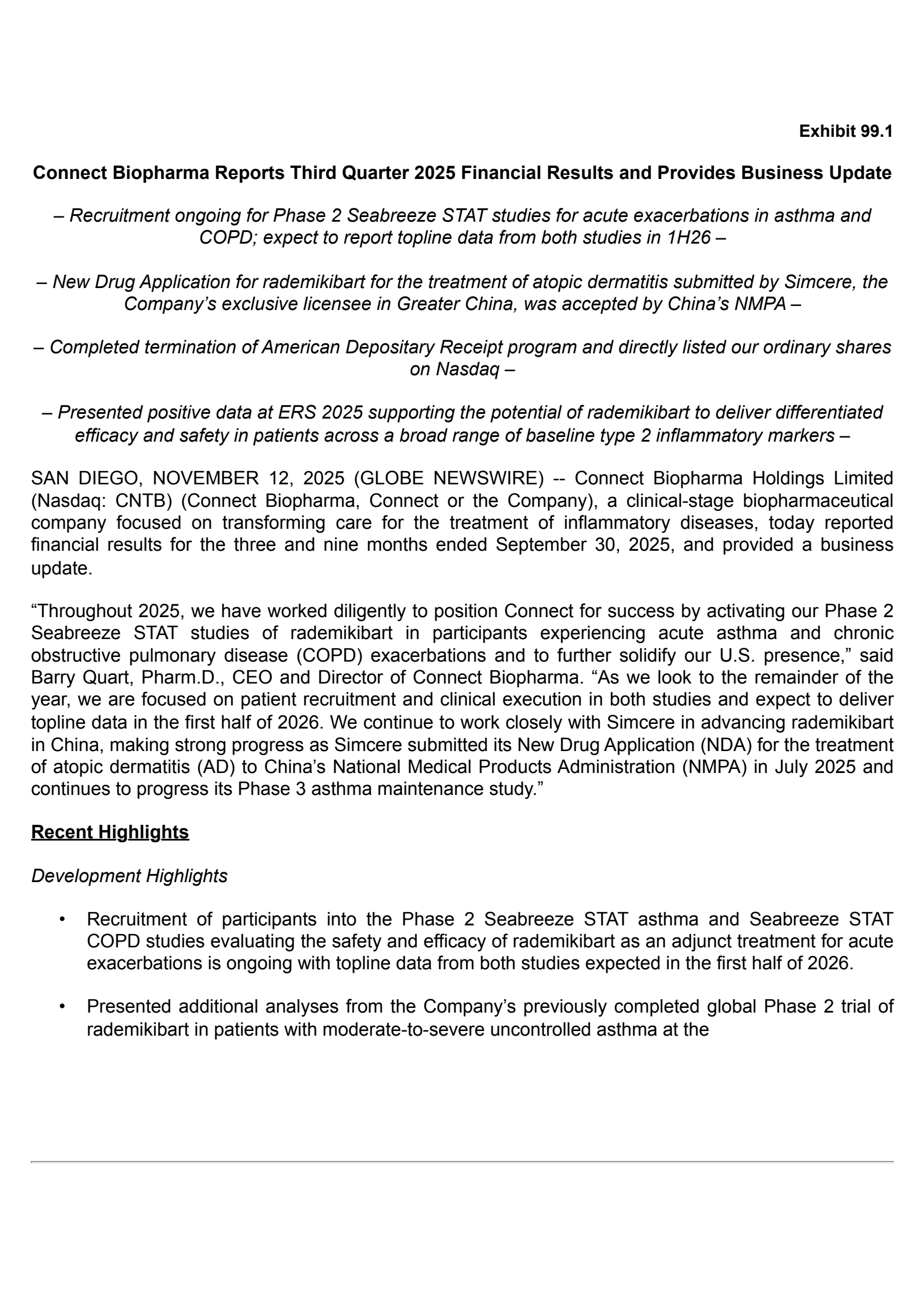 Connect Biopharma's Q3 2025 Earnings Release