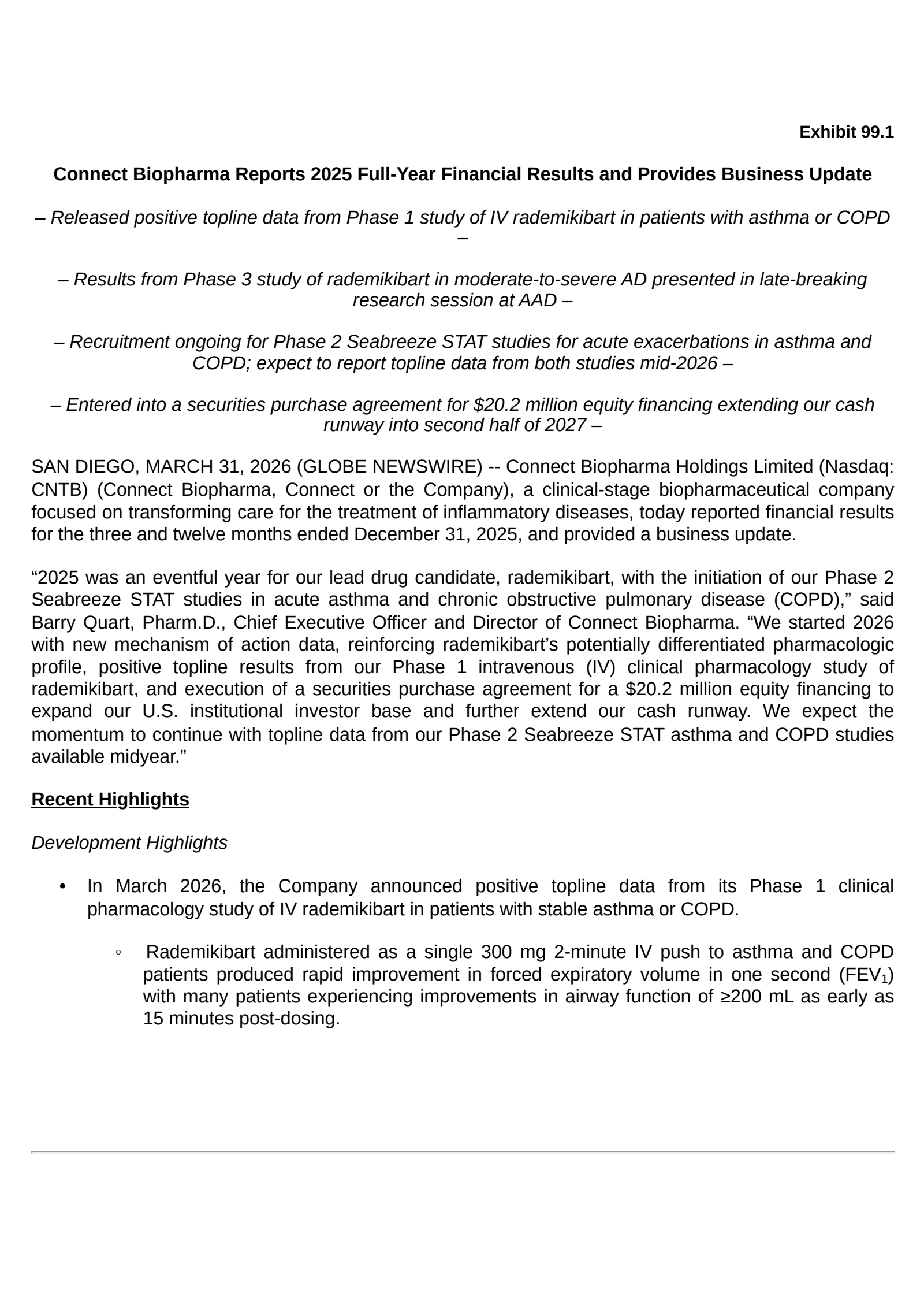 Connect Biopharma's Q4 2025 Press Release