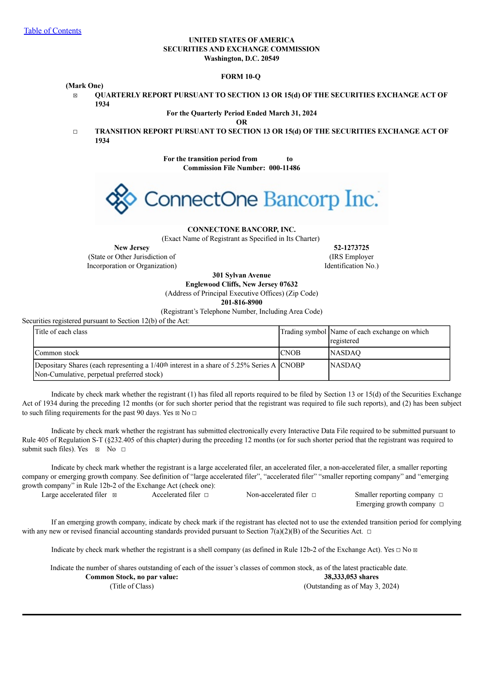 ConnectOne Bancorp's Q1 2024 Quarterly report