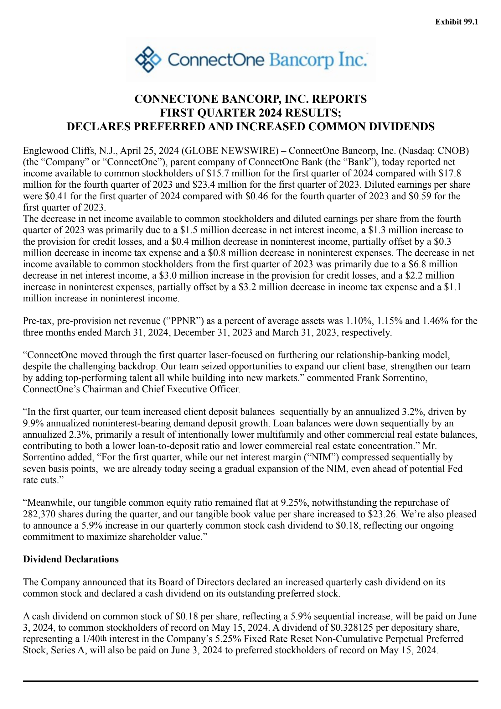 ConnectOne Bancorp's Q1 2024 Press Release