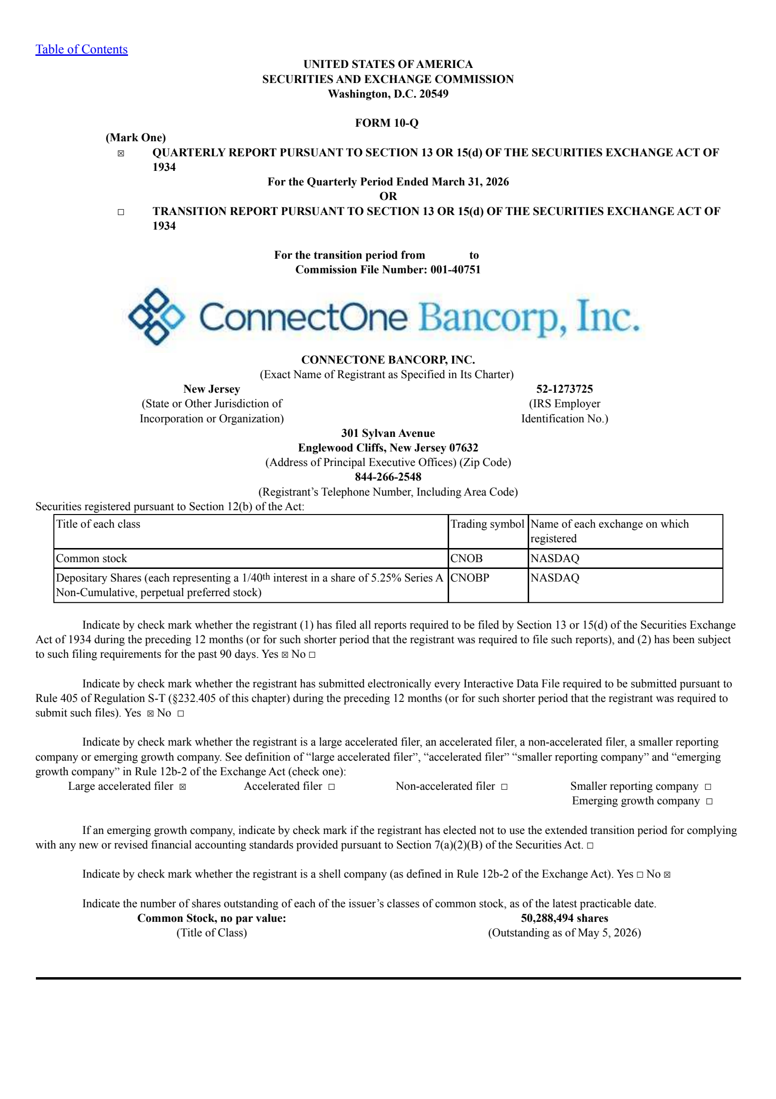 ConnectOne Bancorp's Q1 2026 Quarterly report