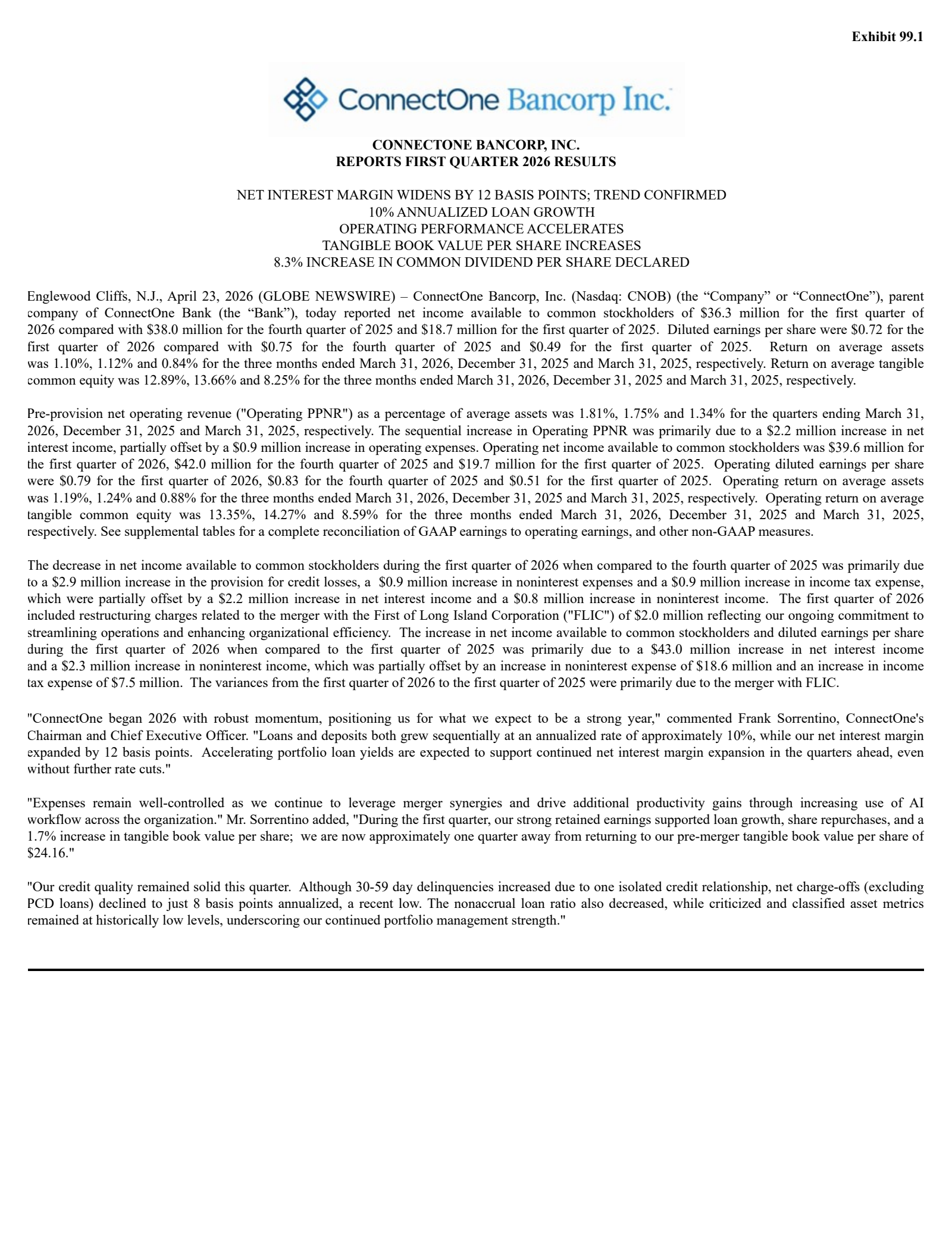 ConnectOne Bancorp's Q1 2026 Press Release