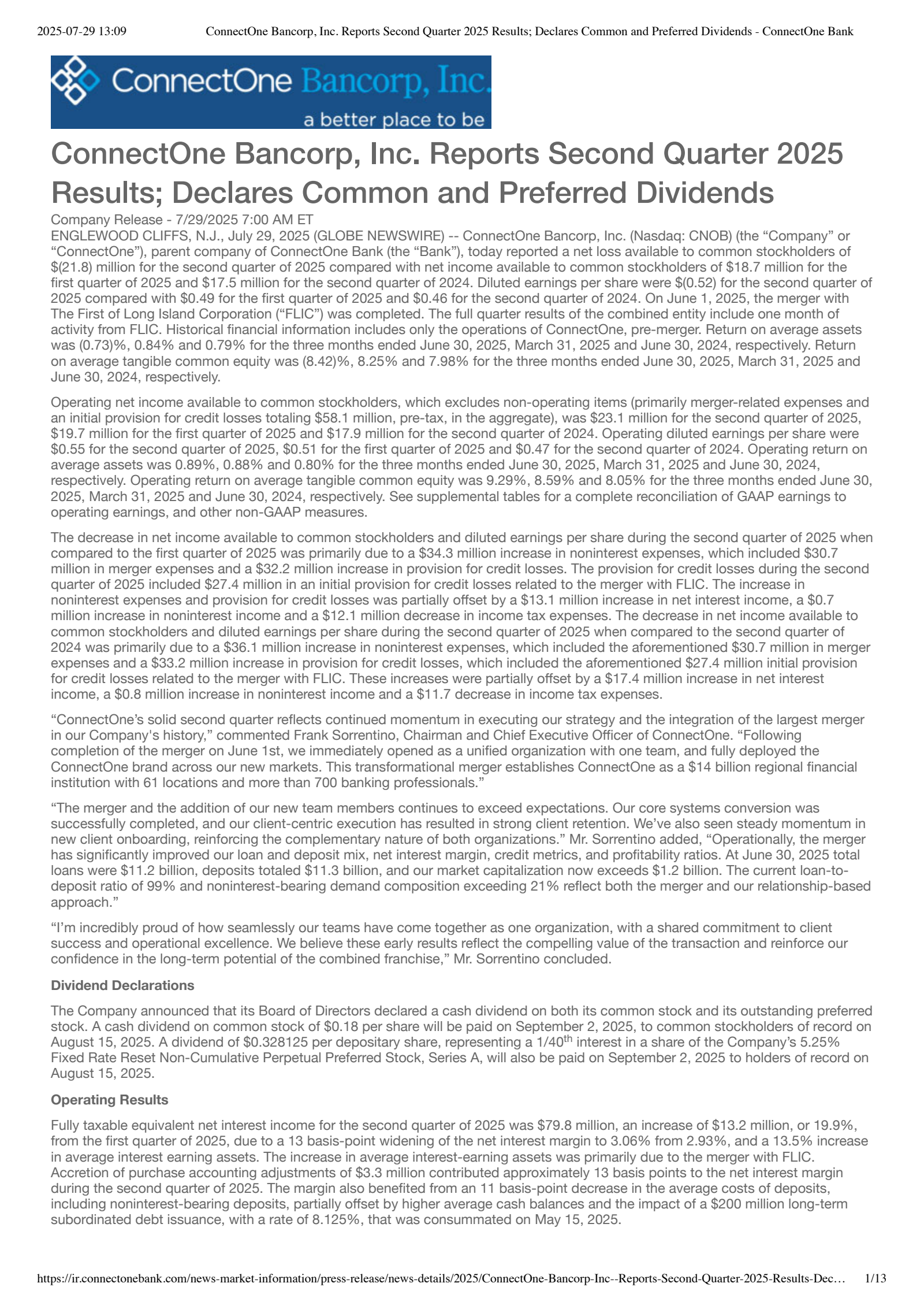 ConnectOne Bancorp's Q2 2025 Press Release