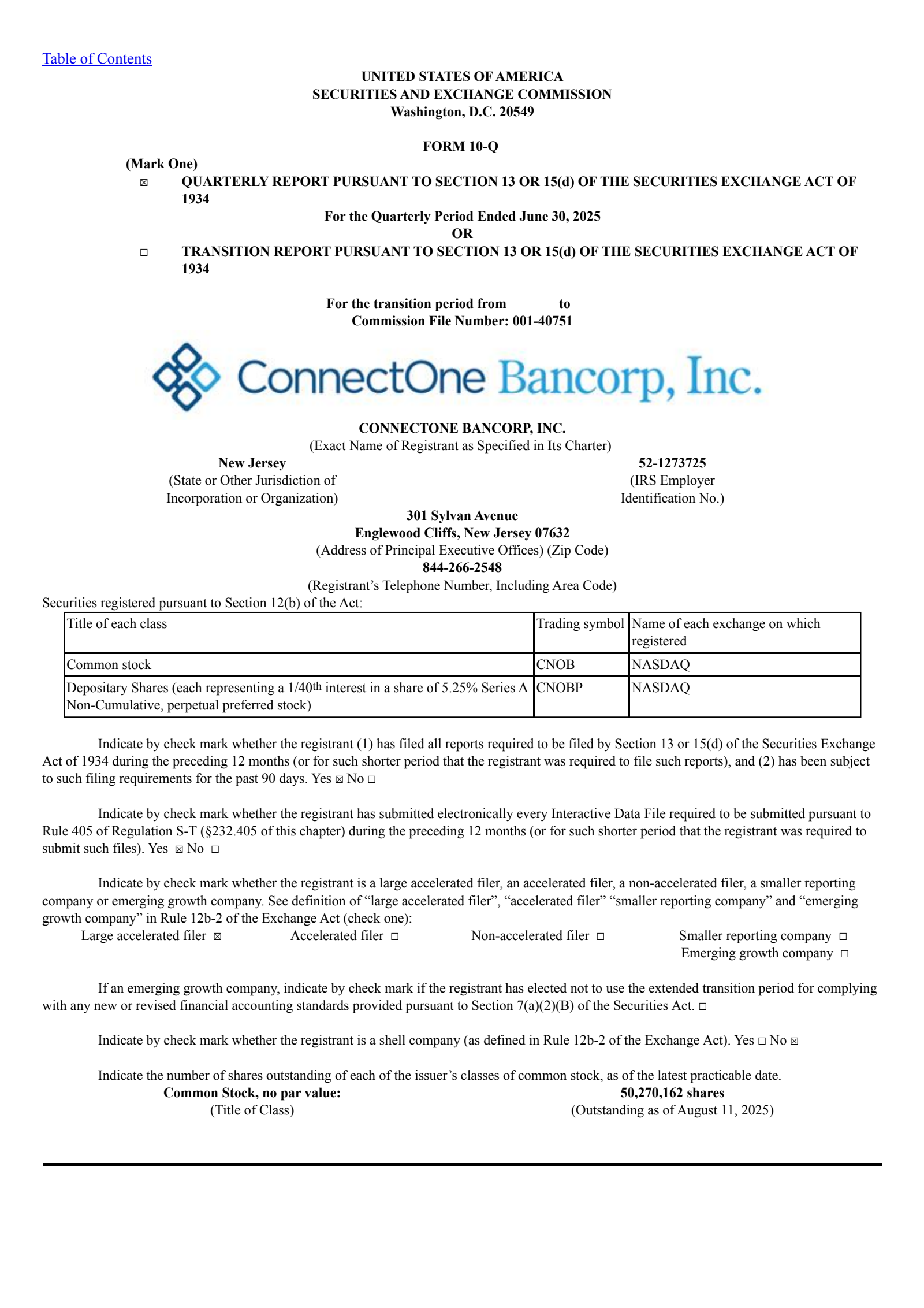 ConnectOne Bancorp's Q2 2025 Quarterly report