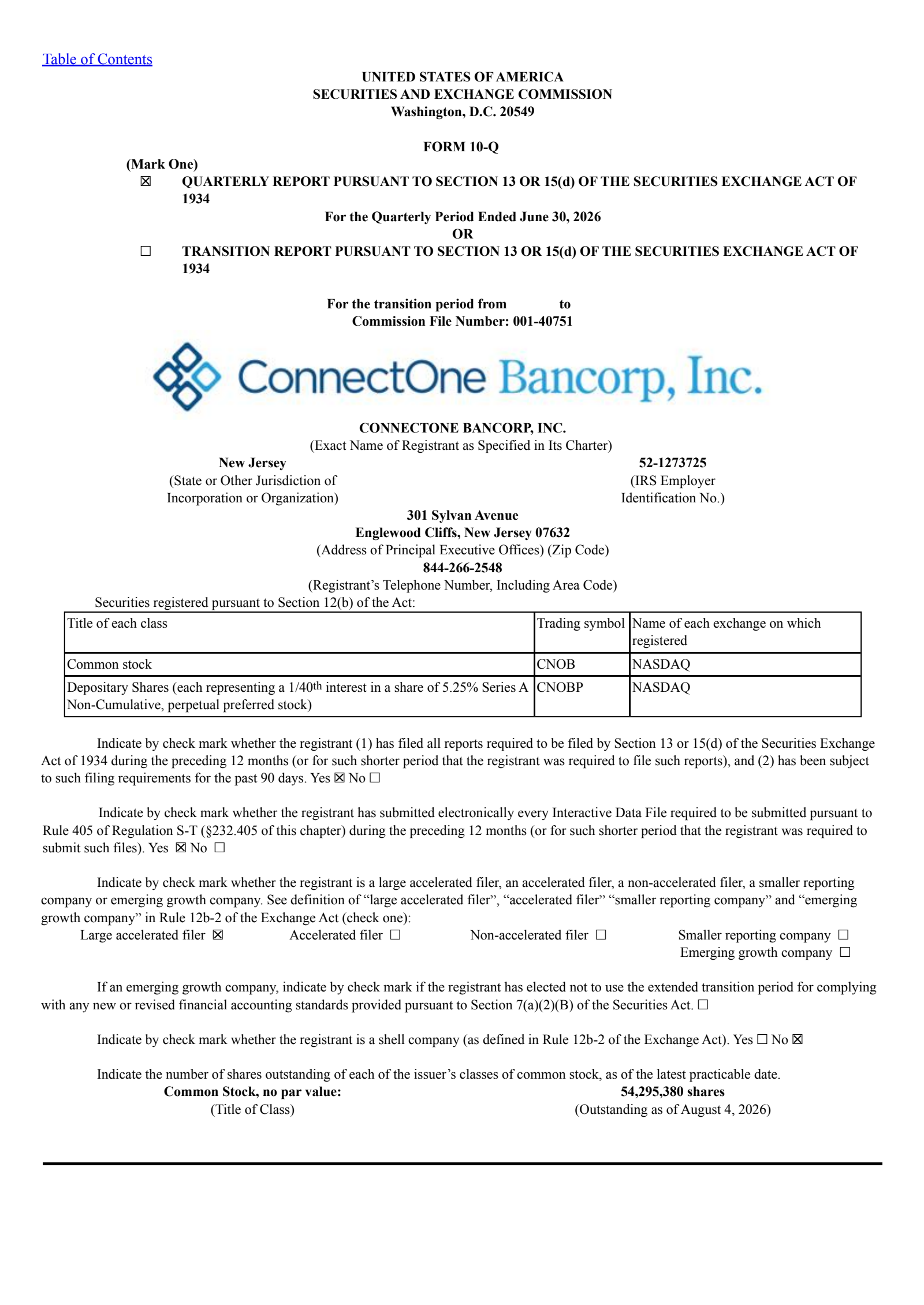 ConnectOne Bancorp's Q2 2026 Quarterly report