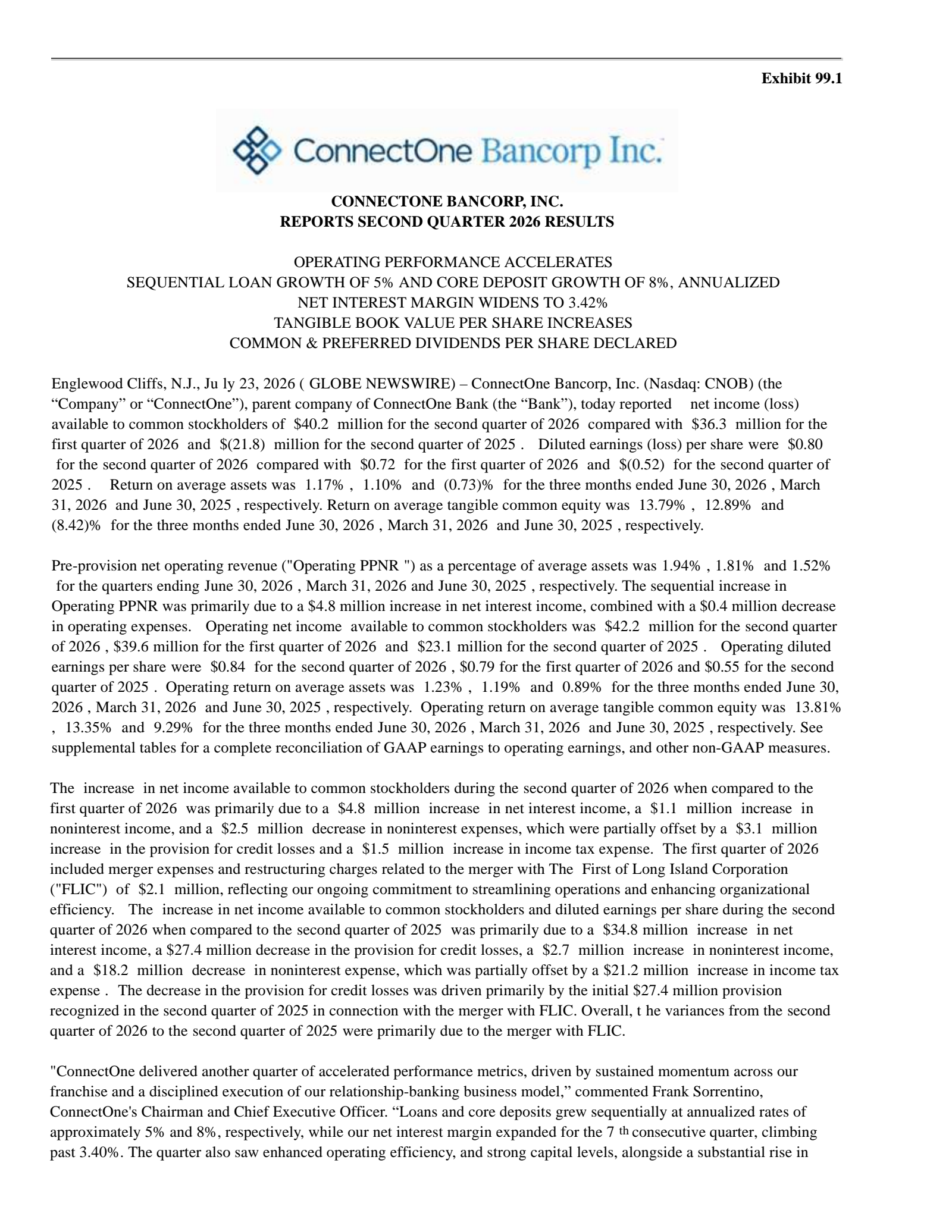 ConnectOne Bancorp's Q2 2026 Press Release
