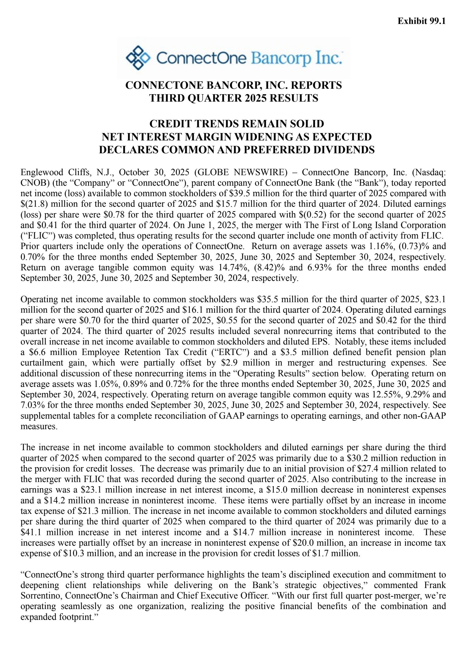 ConnectOne Bancorp's Q3 2025 Earnings Release