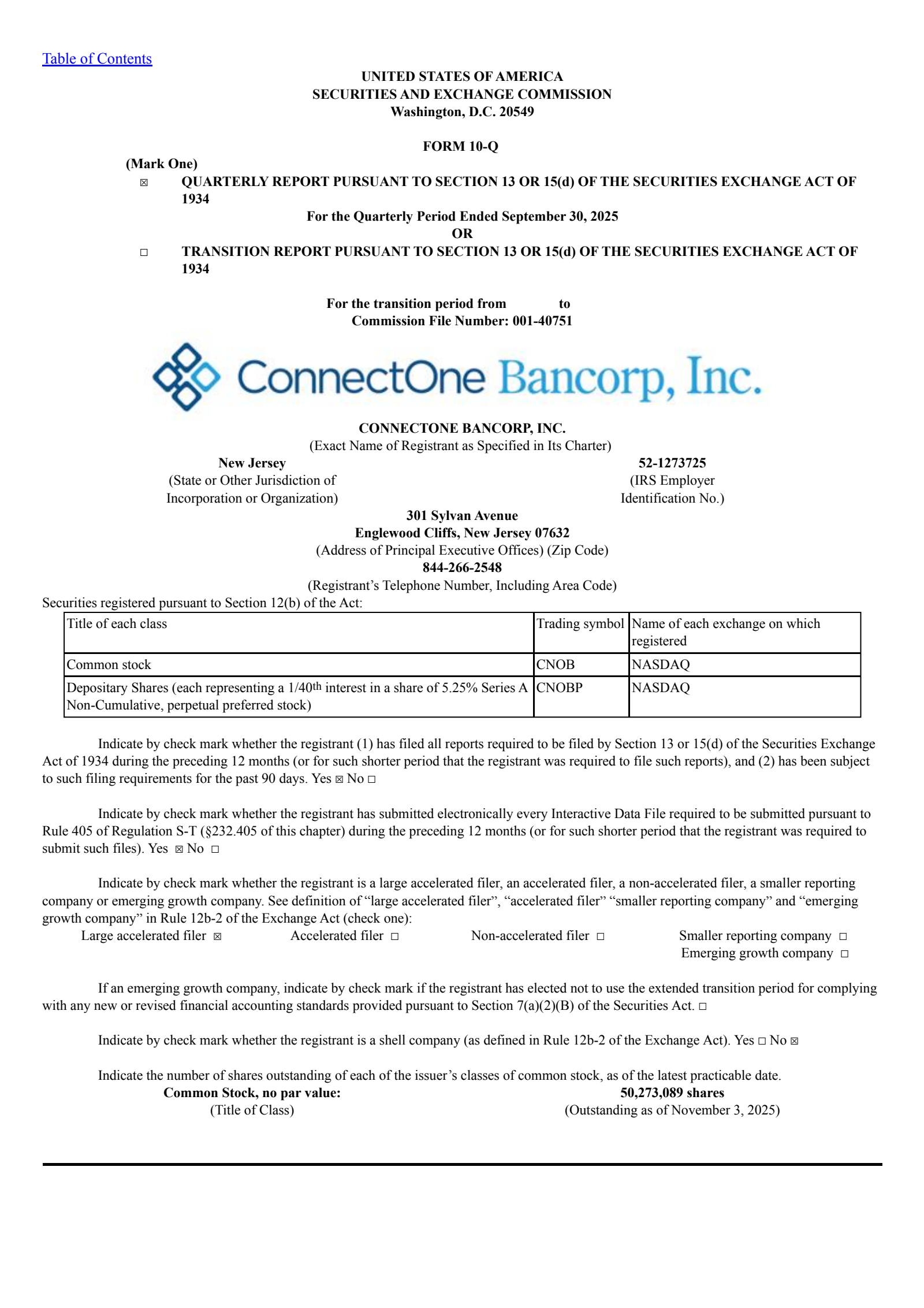 ConnectOne Bancorp's Q3 2025 Quarterly Report