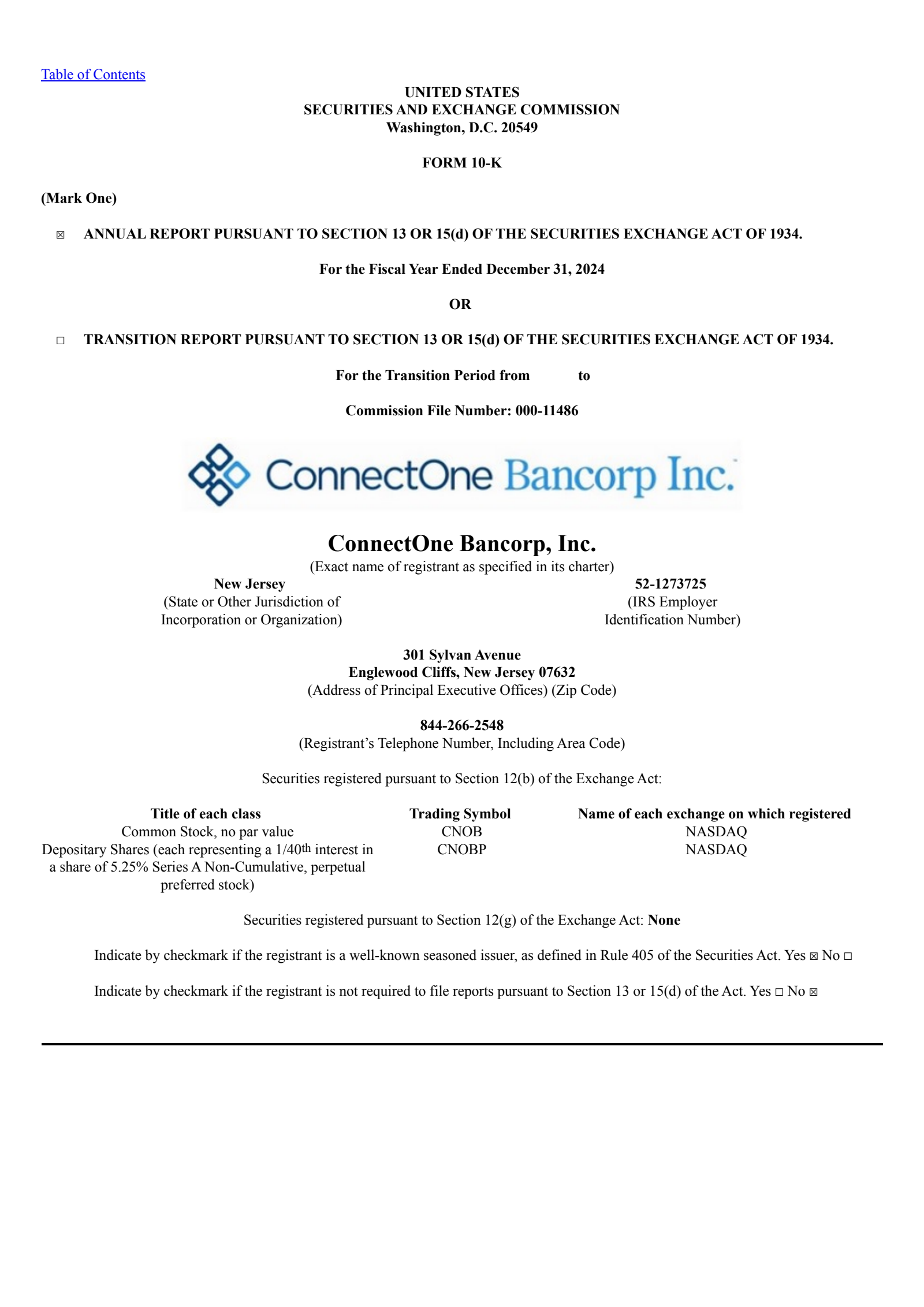 ConnectOne Bancorp's Q4 2024 Annual report