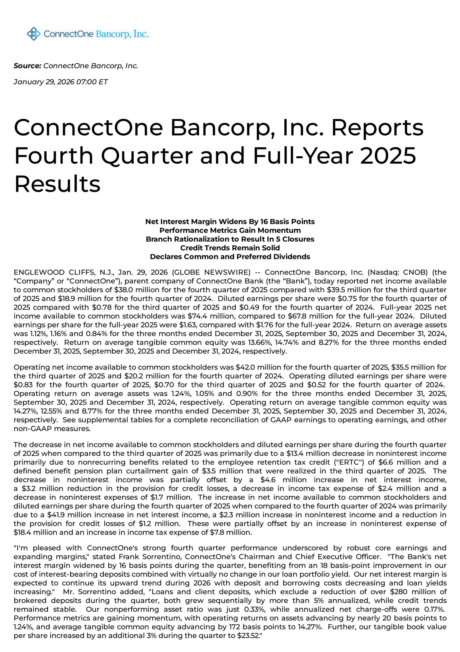 ConnectOne Bancorp's Q4 2025 Press Release