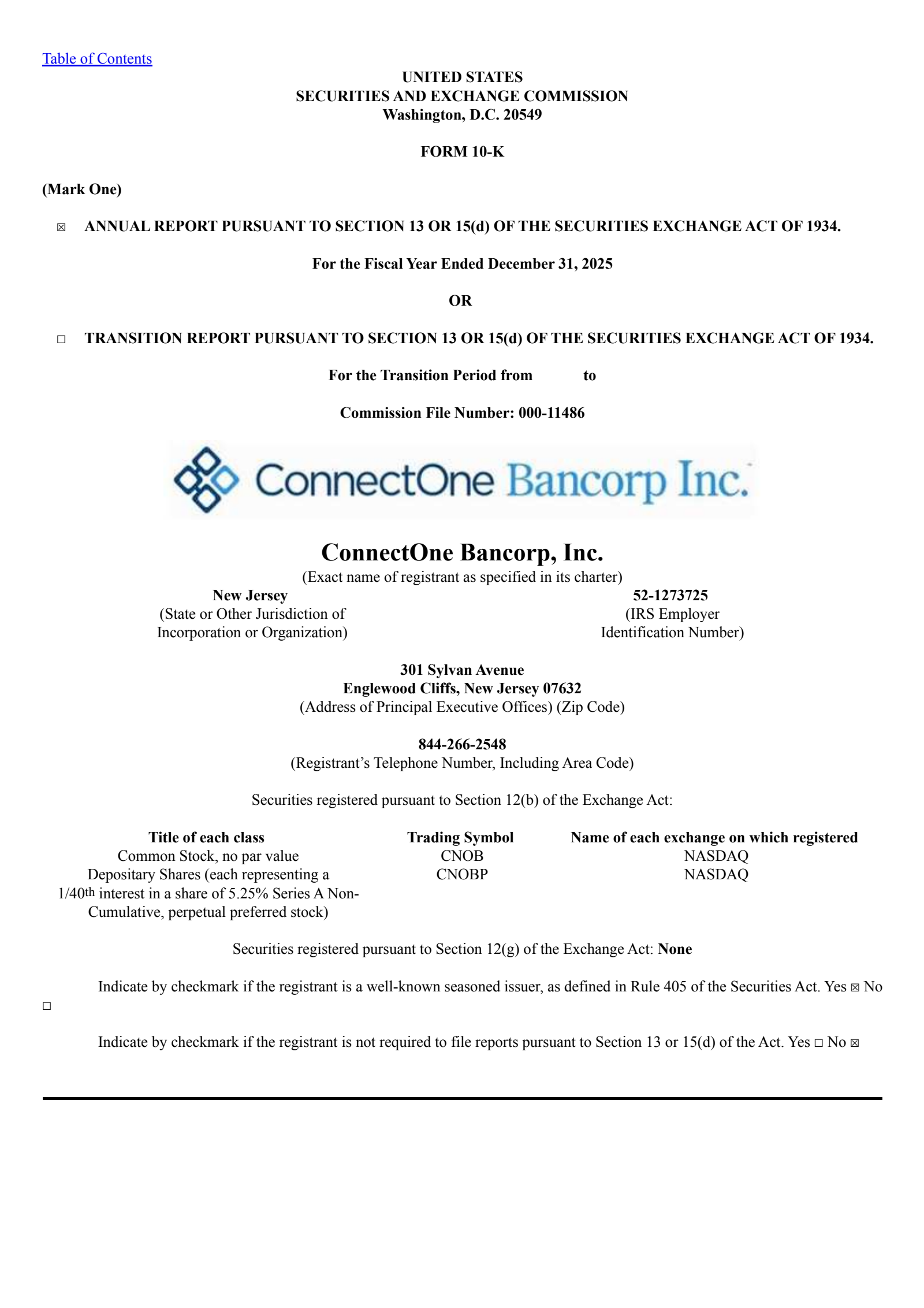 ConnectOne Bancorp's Q4 2025 Annual report