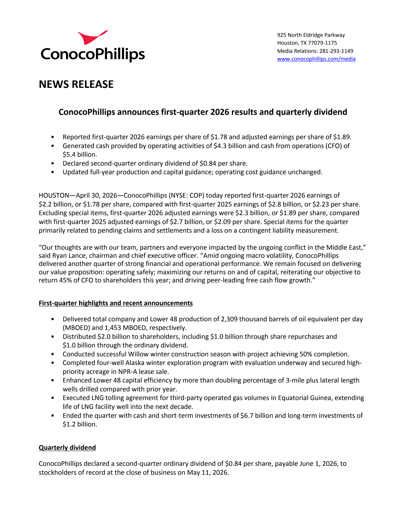 ConocoPhillips' Q1 2026 Press Release