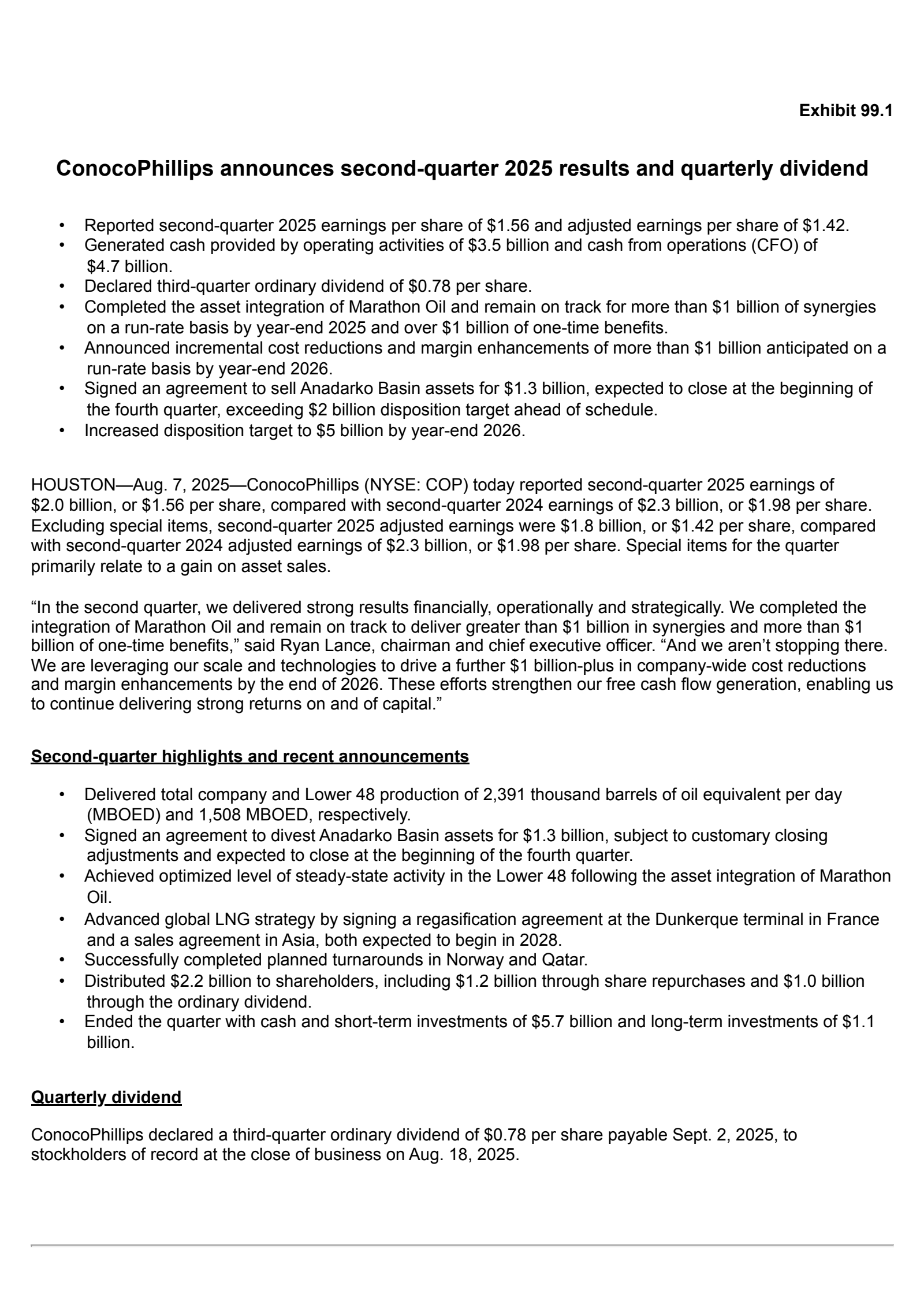 ConocoPhillips' Q2 2025 Press Release