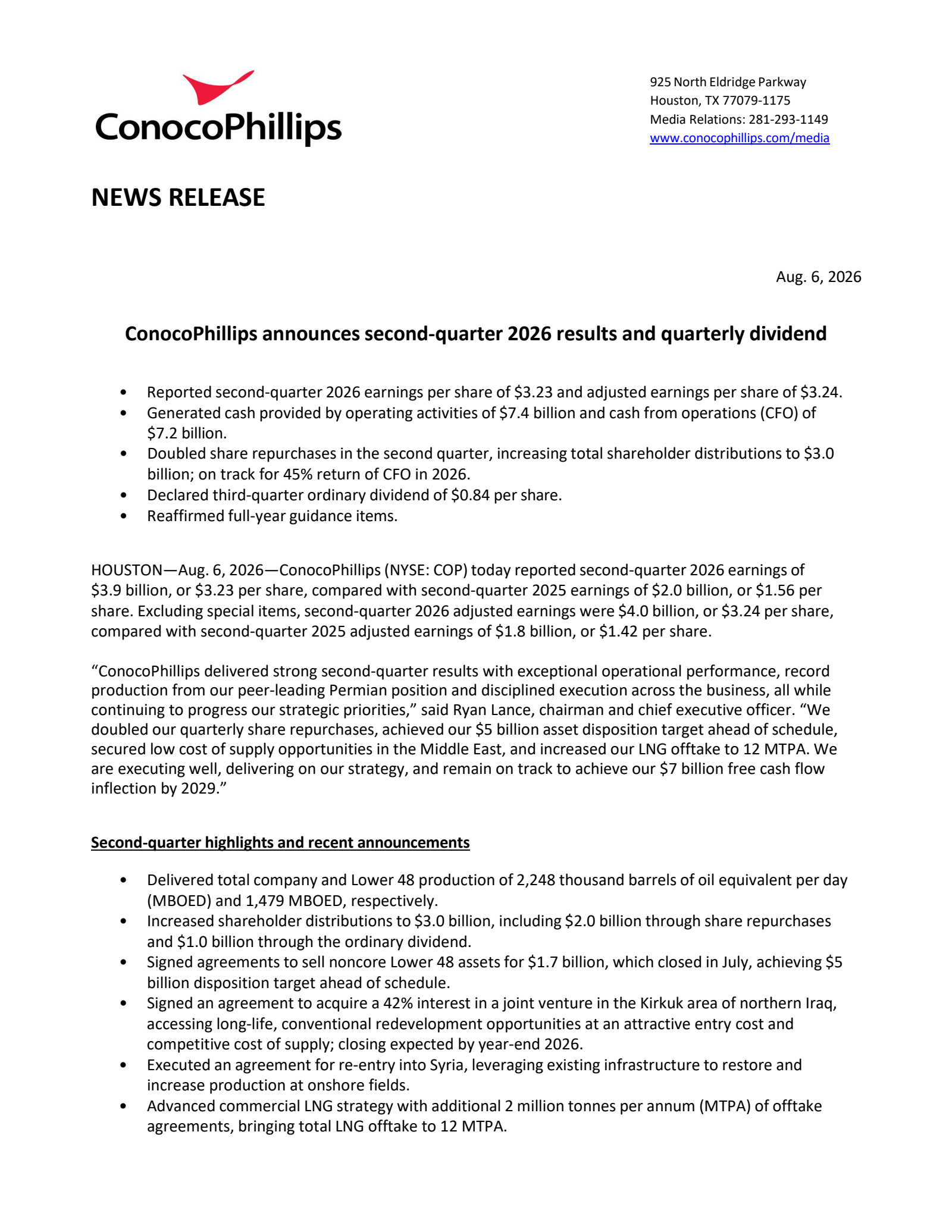 ConocoPhillips' Q2 2026 Press Release