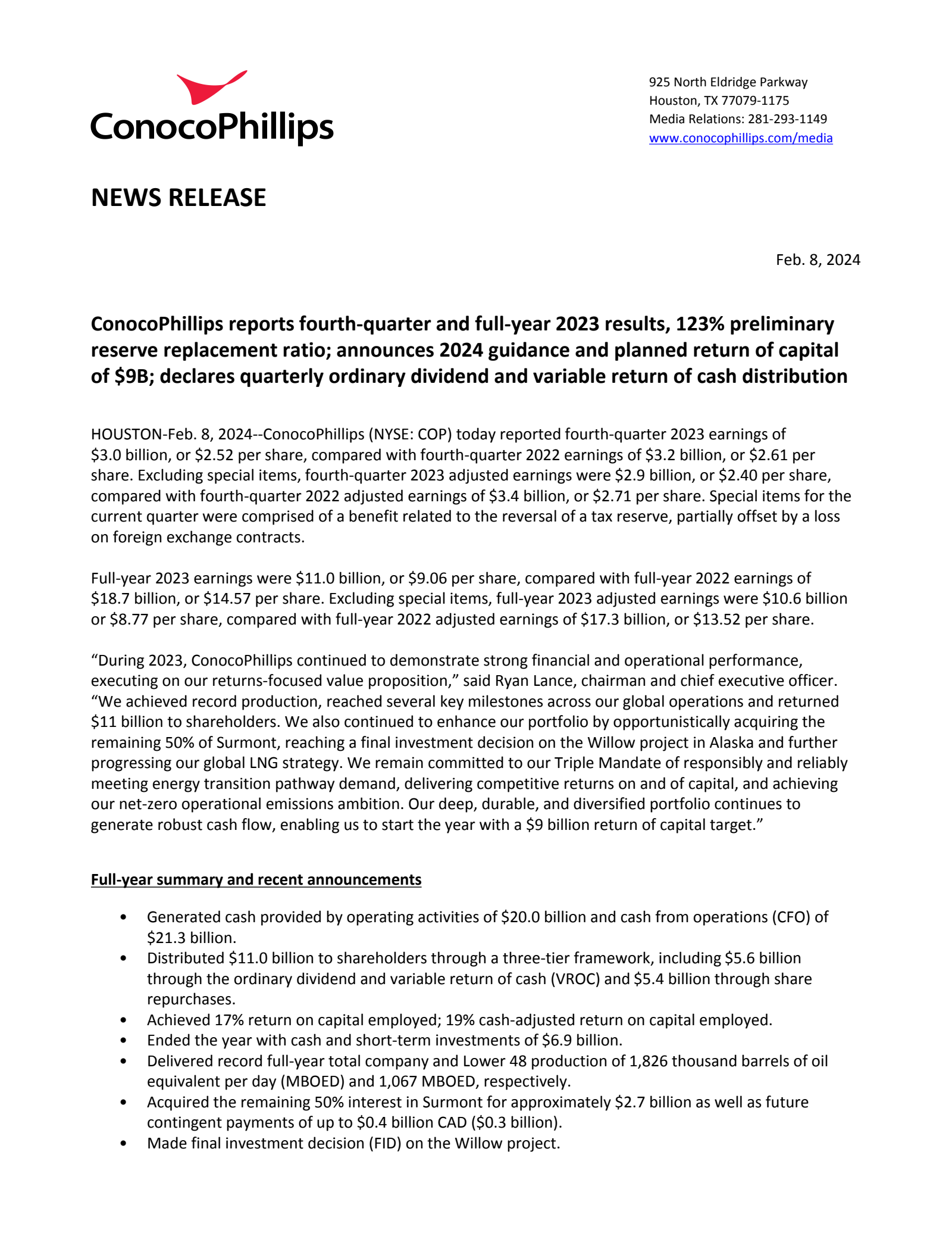 ConocoPhillips' Q4 2023 Press Release