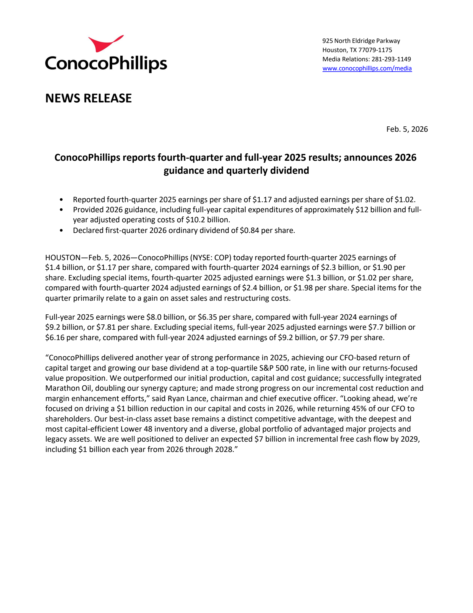 ConocoPhillips' Q4 2025 Press Release