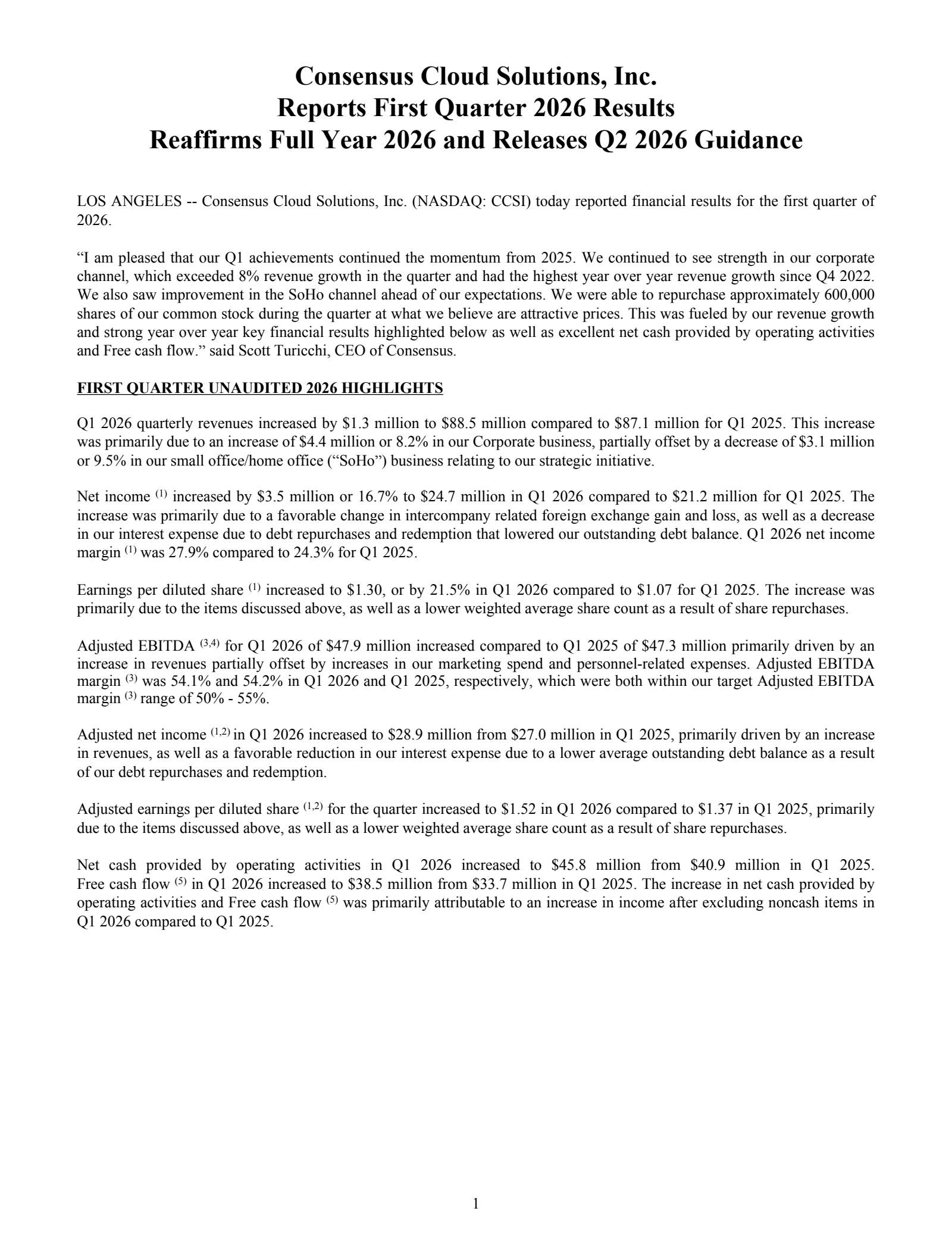 Consensus Cloud Solutions' Q1 2026 Press Release