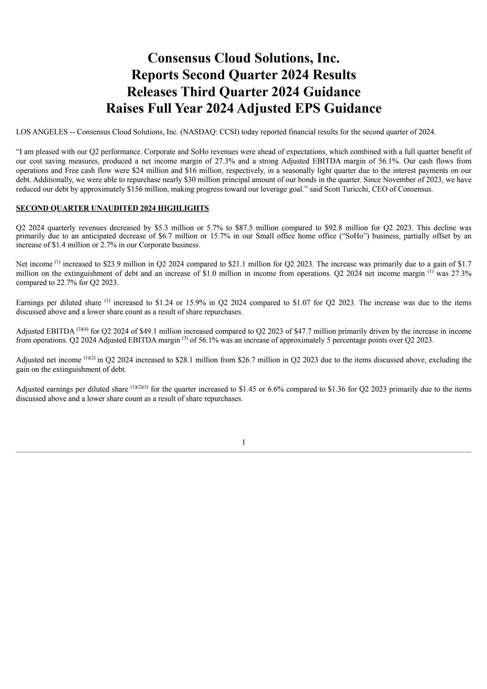 Consensus Cloud Solutions' Q2 2024 Press Release