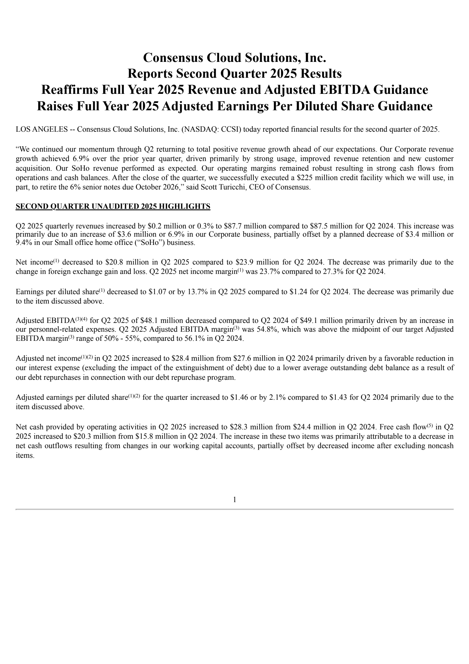 Consensus Cloud Solutions' Q2 2025 Press Release