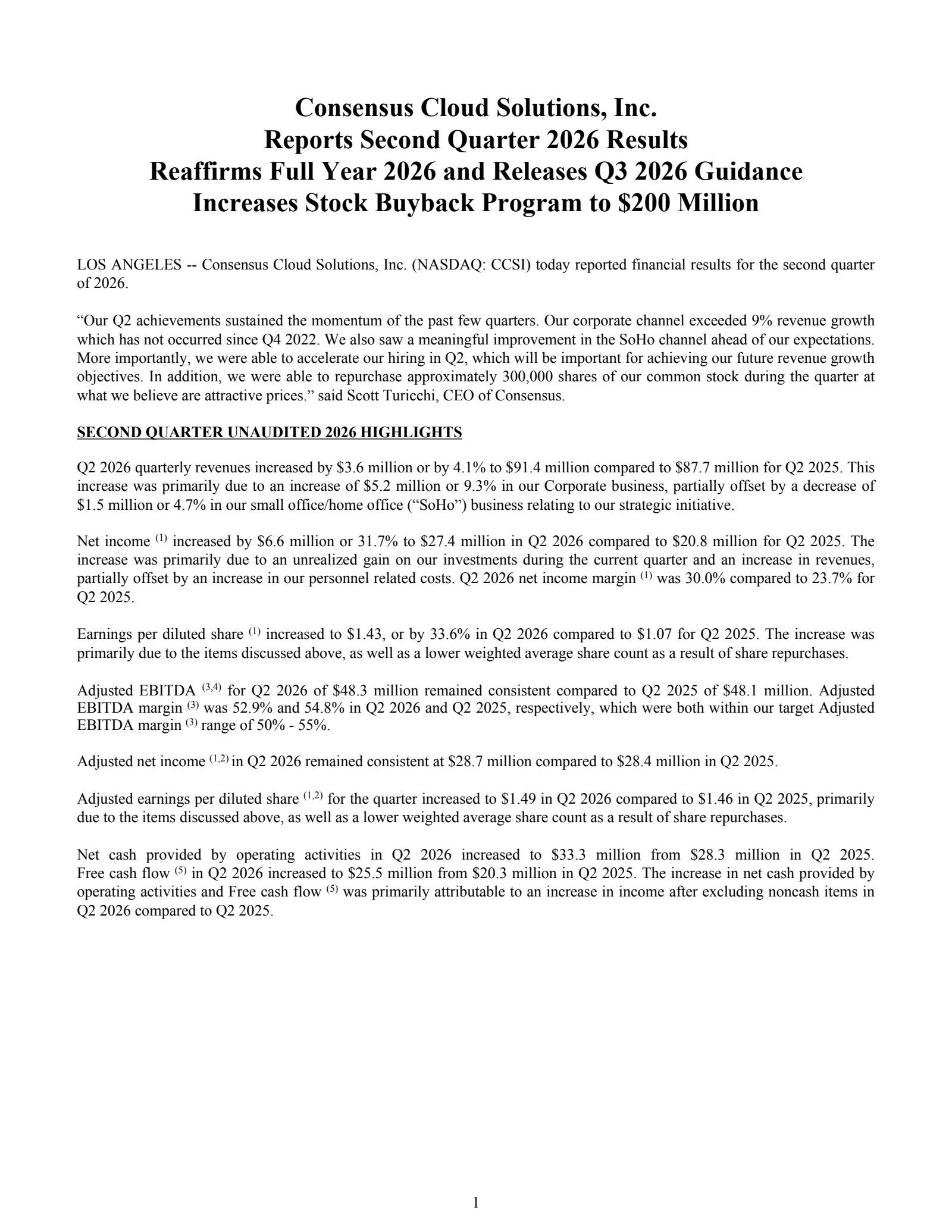 Consensus Cloud Solutions' Q2 2026 Press Release