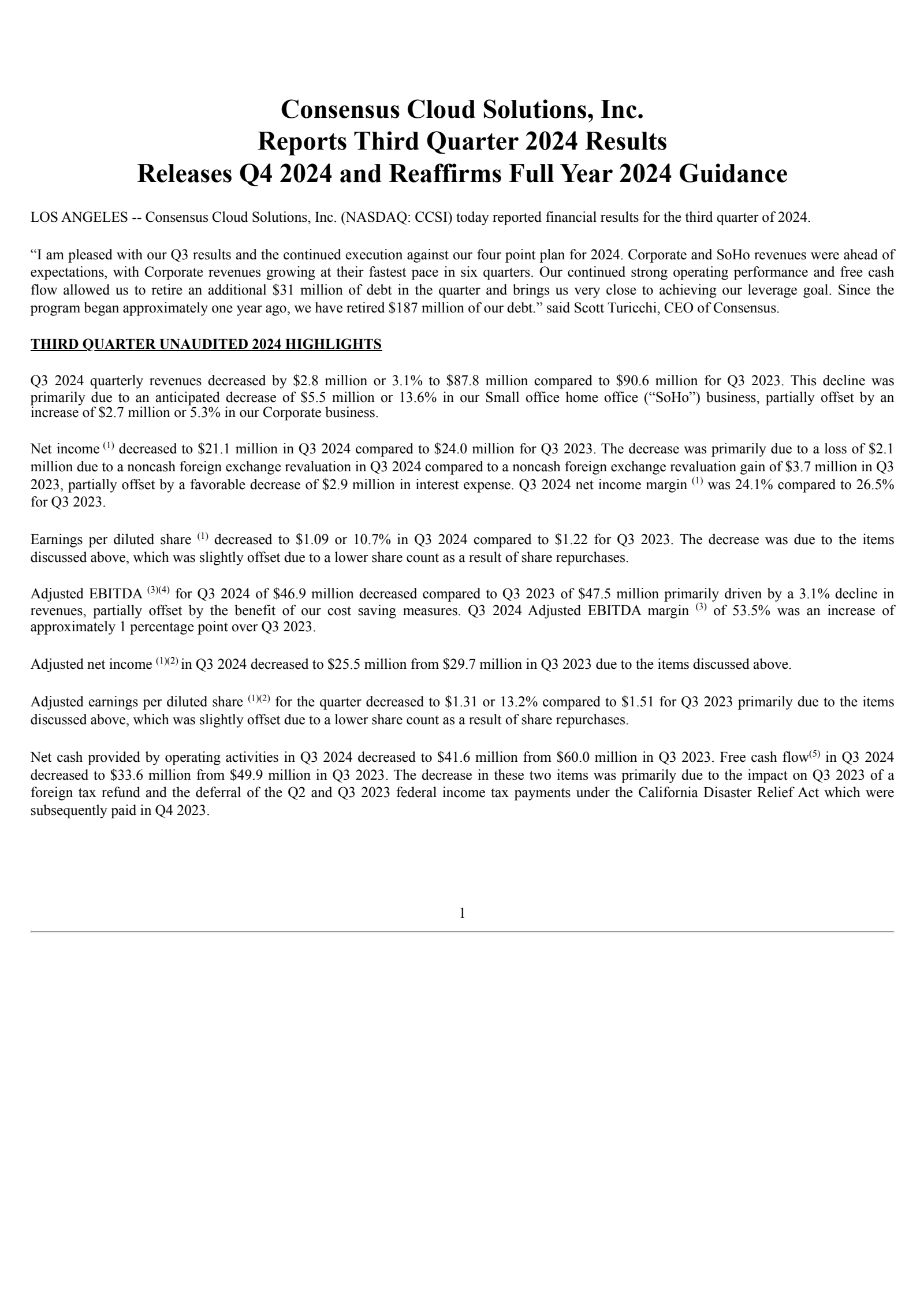 Consensus Cloud Solutions' Q3 2024 Press Release