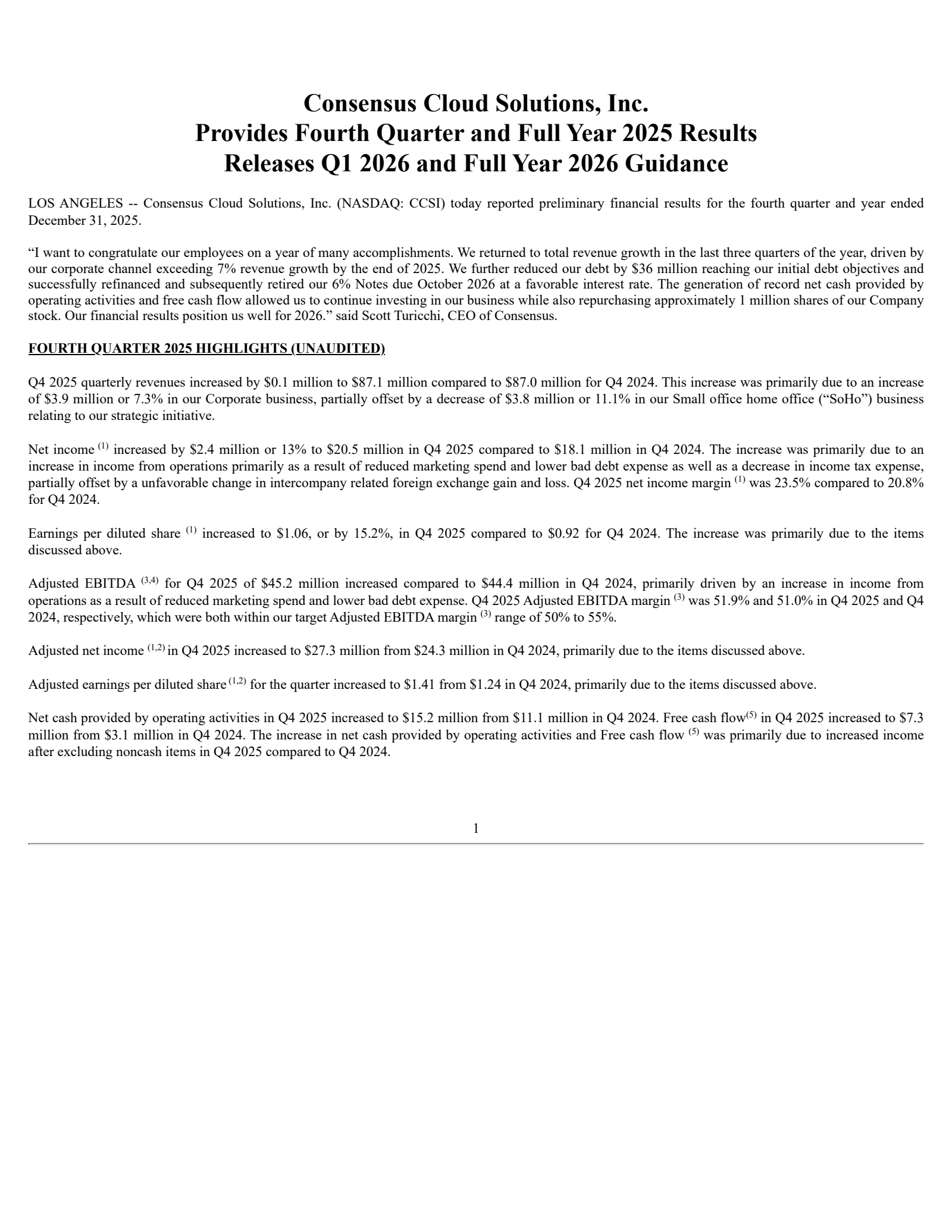 Consensus Cloud Solutions' Q4 2025 Press Release