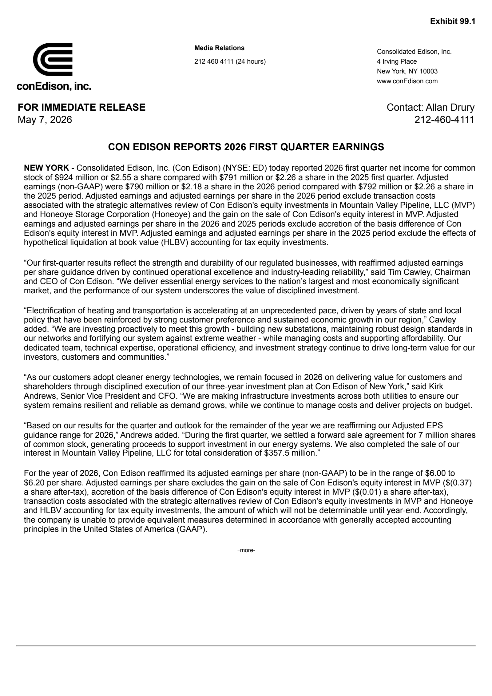 Consolidated Edison's Q1 2026 Press Release