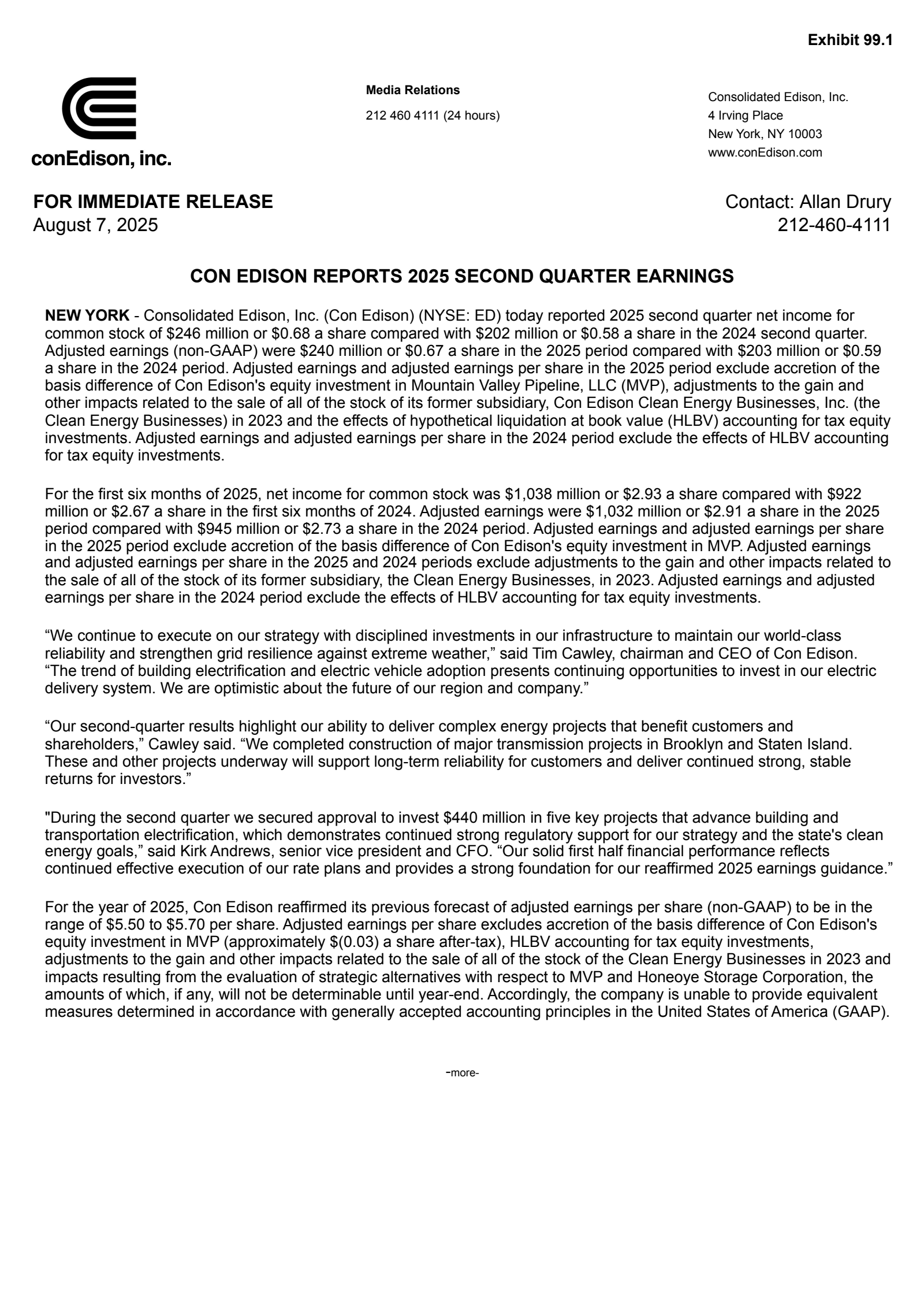 Consolidated Edison's Q2 2025 Press Release