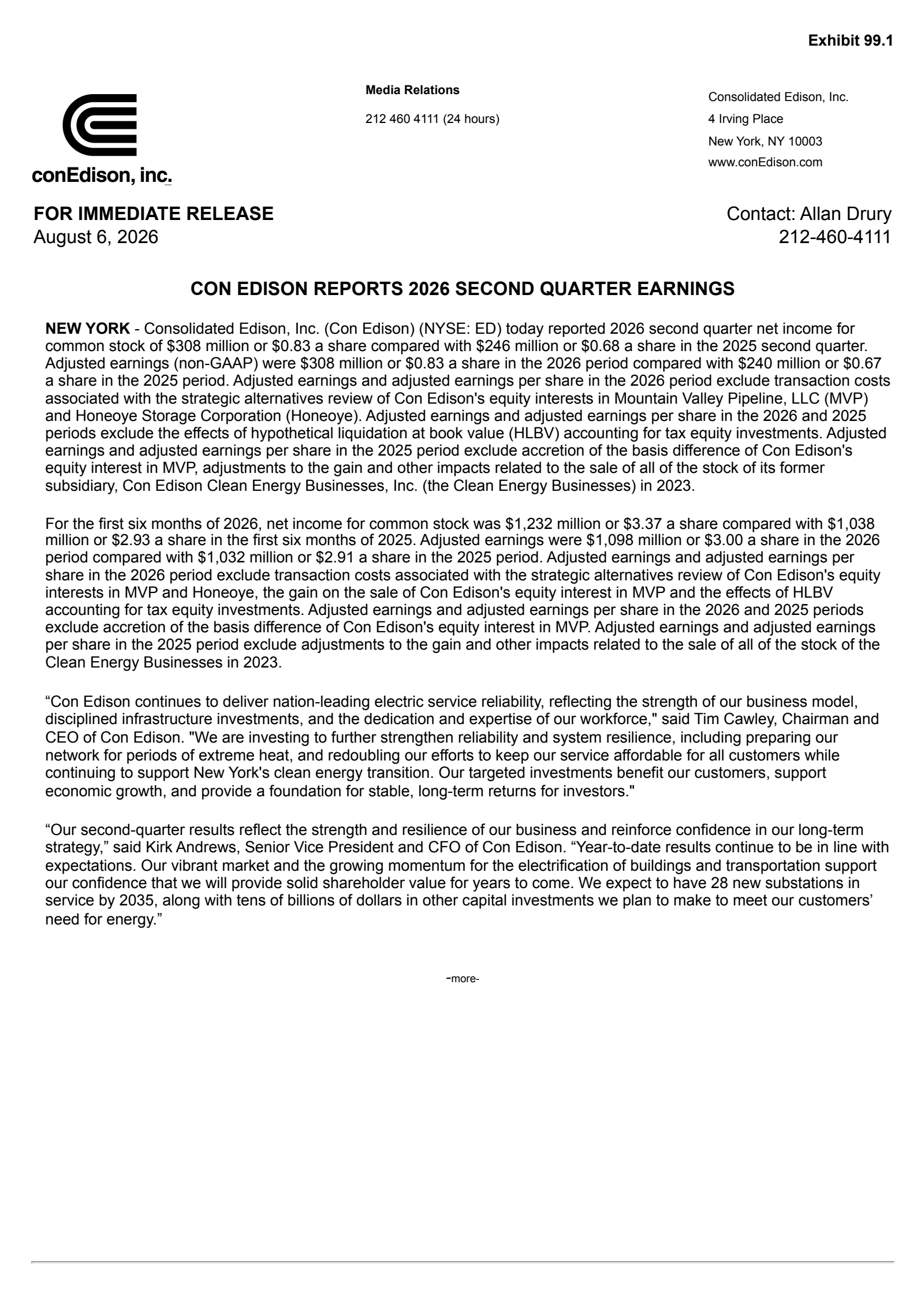 Consolidated Edison's Q2 2026 Press Release