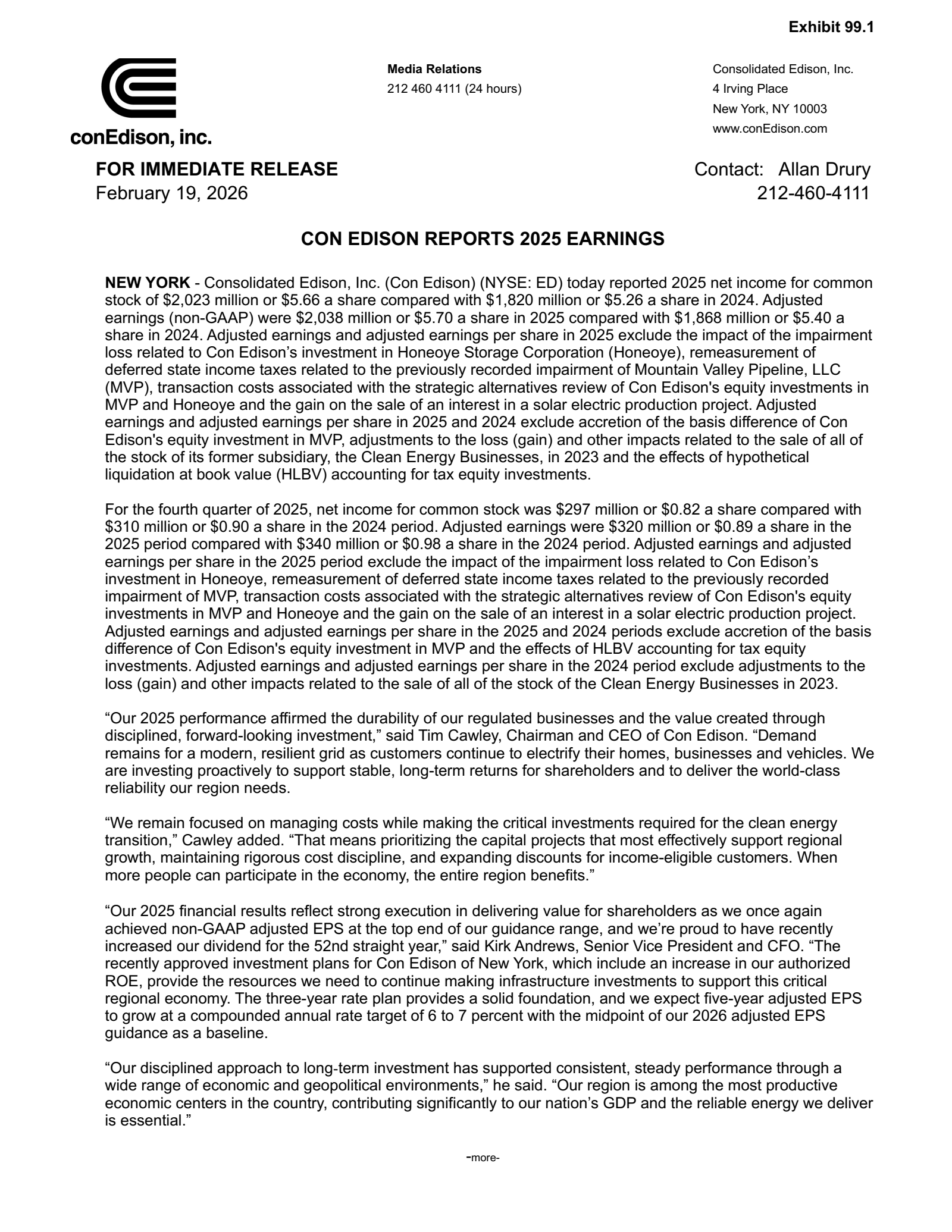 Consolidated Edison's Q4 2025 Press Release