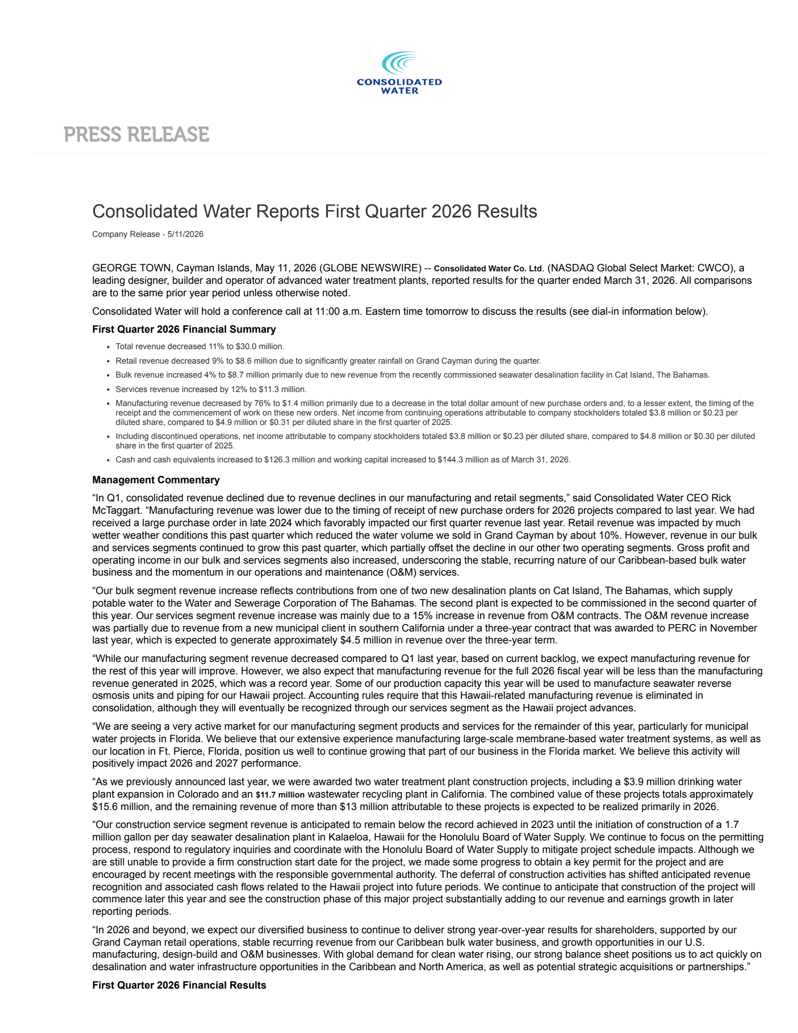 Consolidated Water's Q1 2026 Press Release