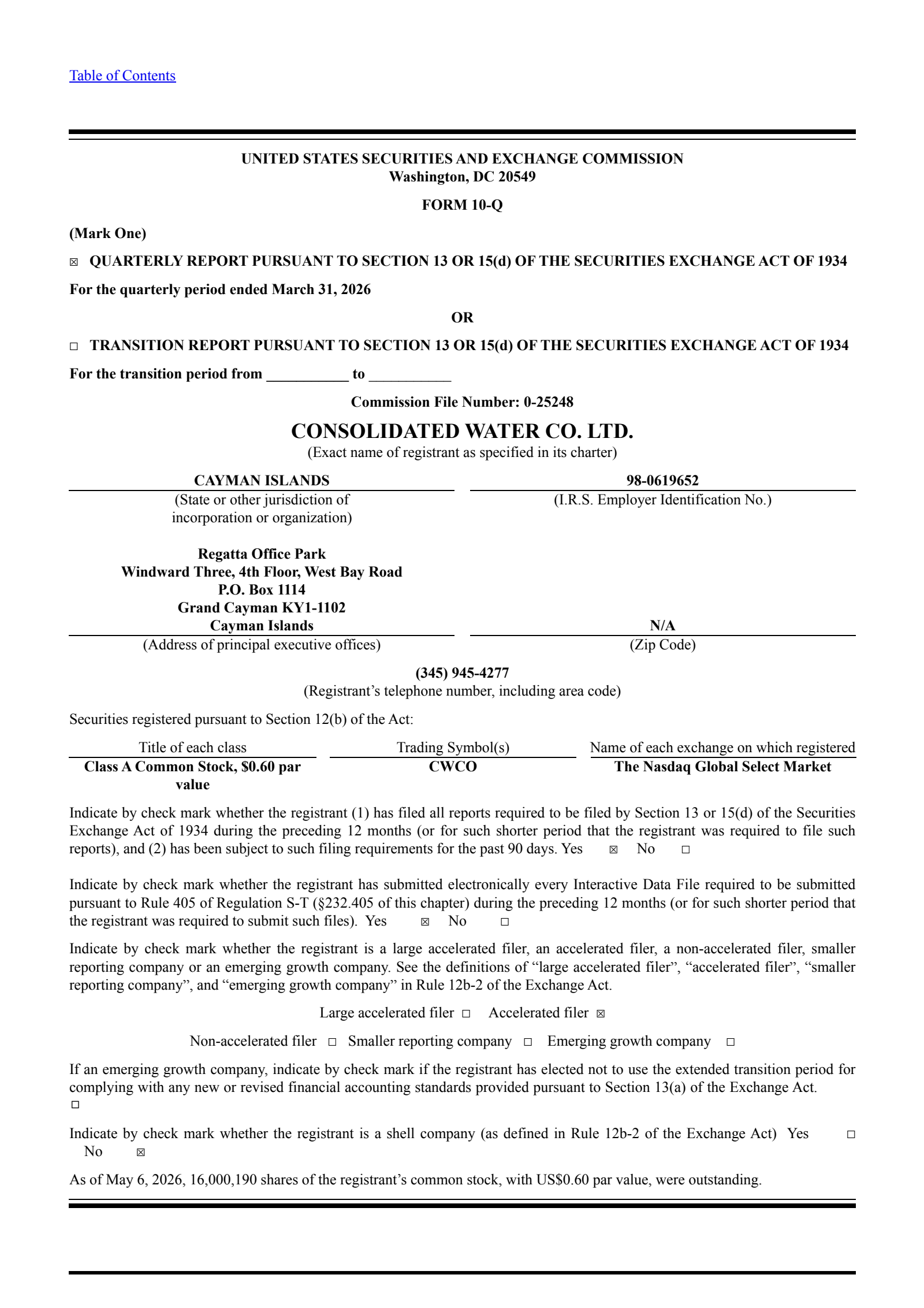 Consolidated Water's Q1 2026 Quarterly report