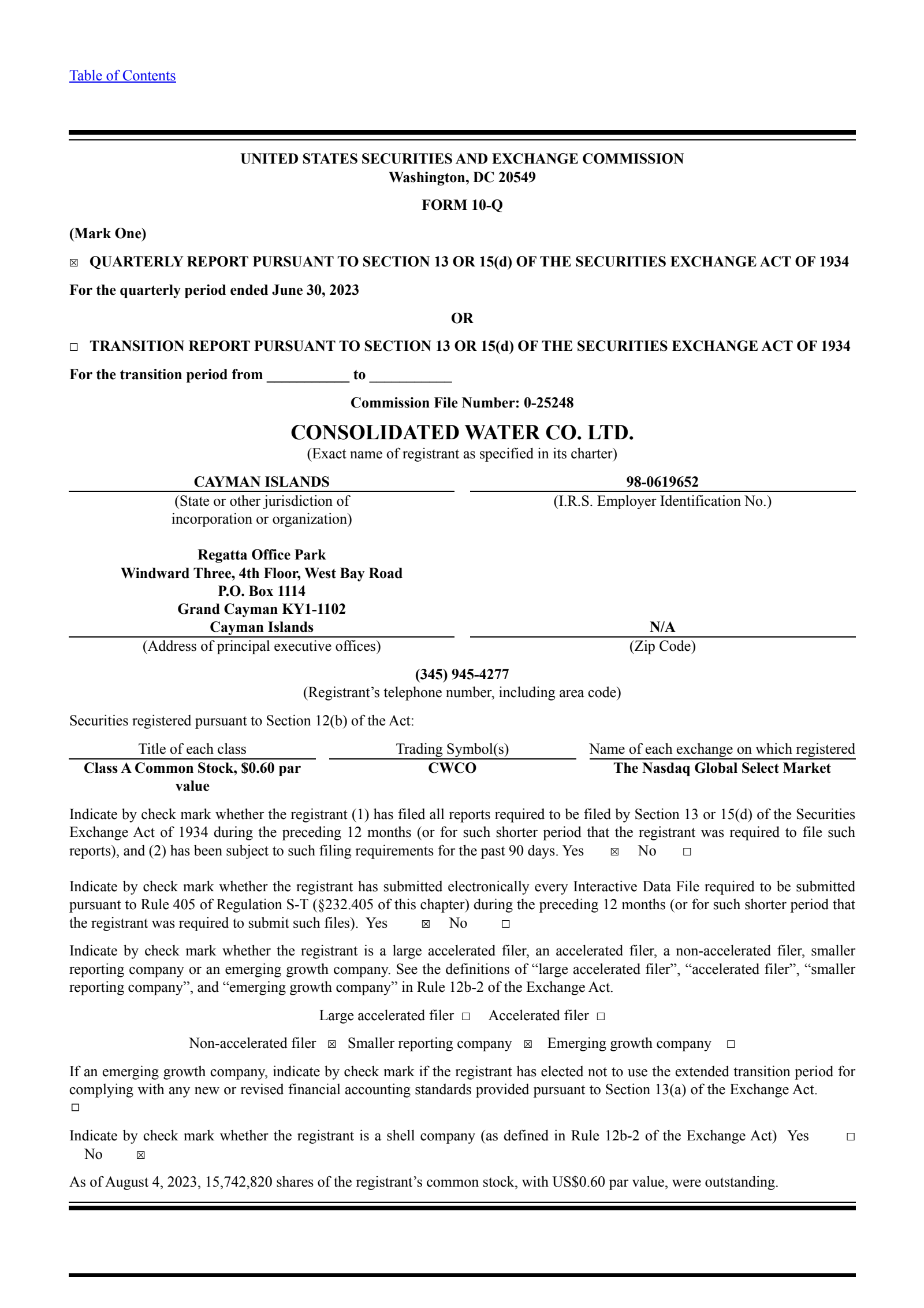 Consolidated Water's Q2 2023 Quarterly report