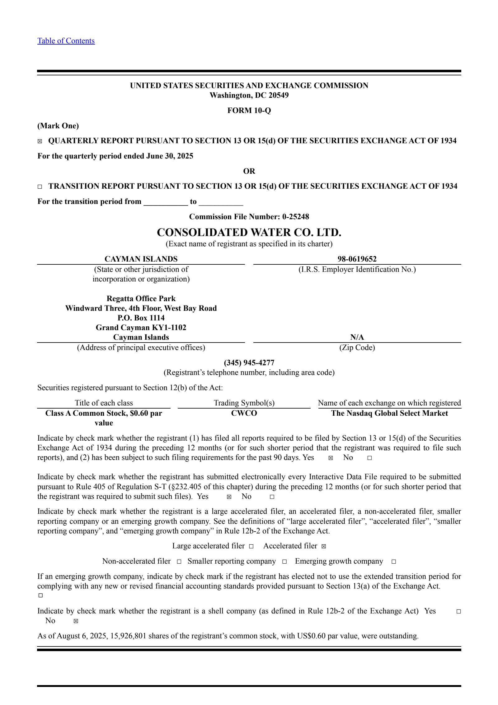 Consolidated Water's Q2 2025 Quarterly report