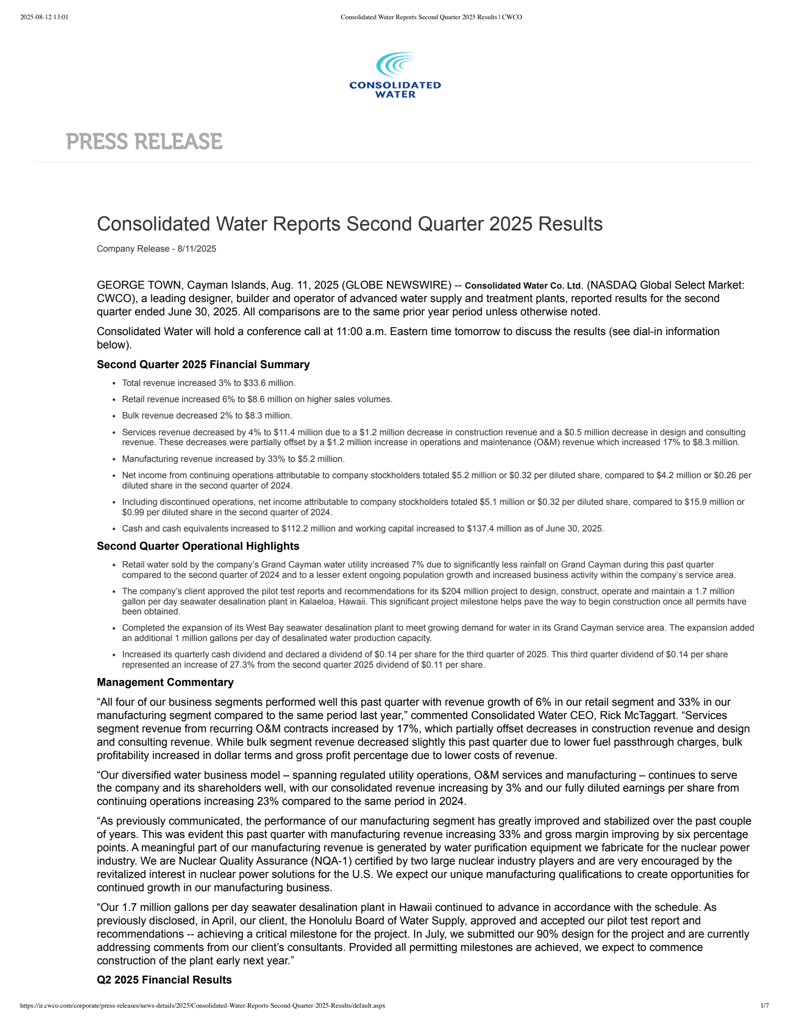 Consolidated Water's Q2 2025 Press Release
