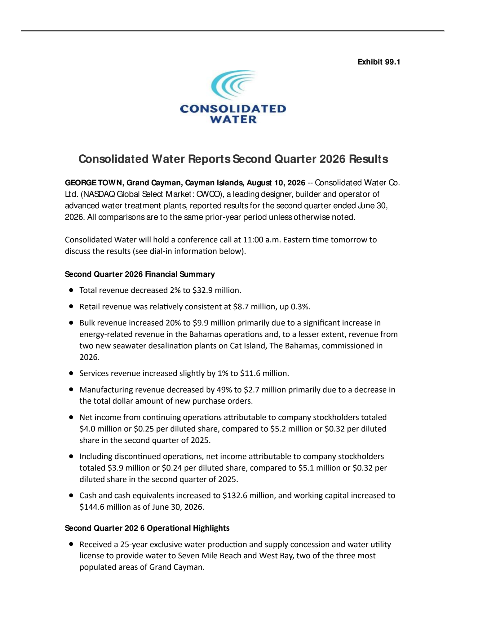 Consolidated Water's Q2 2026 Press Release
