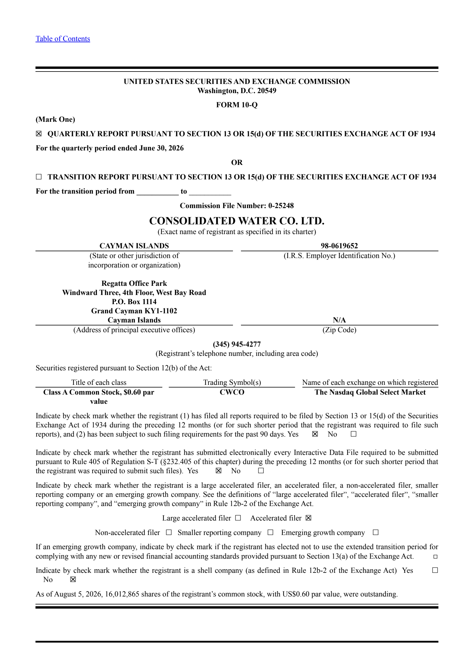Consolidated Water's Q2 2026 Quarterly report